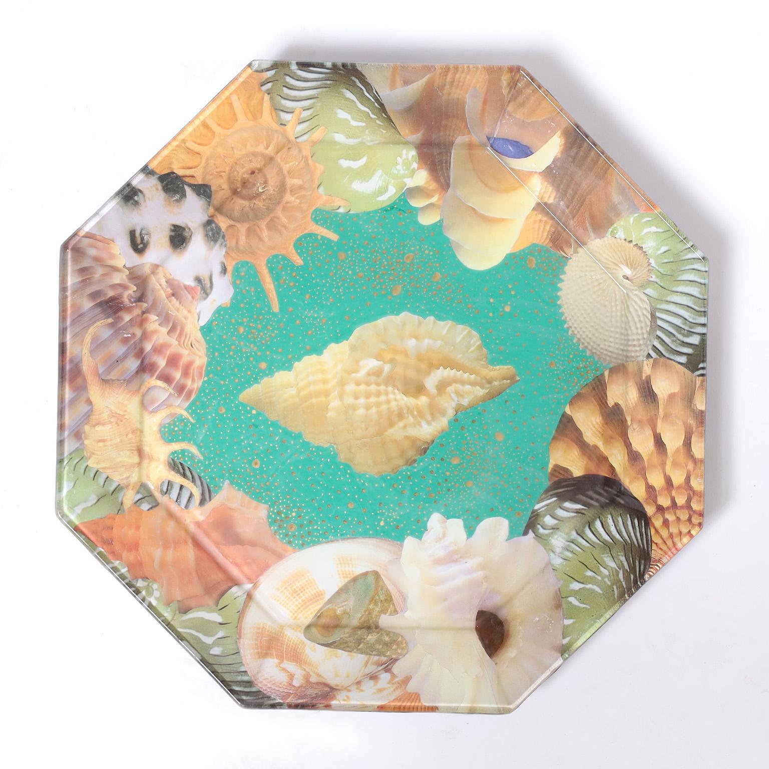 Set of Eight Reverse Decoupage Seashell Glass Plates by Pablo Manzoni For Sale 3