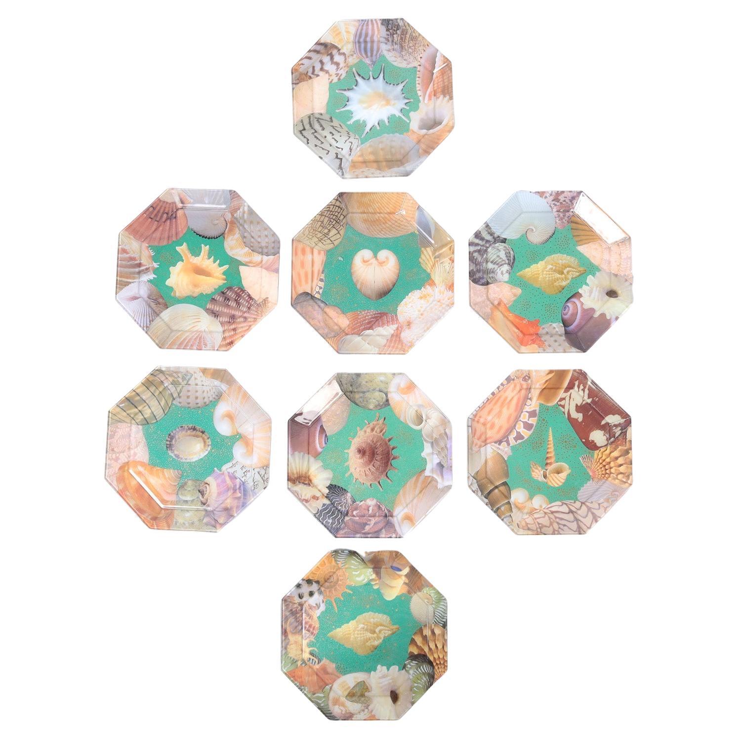 Set of Eight Reverse Decoupage Seashell Glass Plates by Pablo Manzoni For Sale