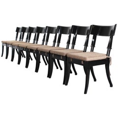 Set of Eight Robsjohn-Gibbings Style Black Lacquered Klismos Dining Chairs, 1988