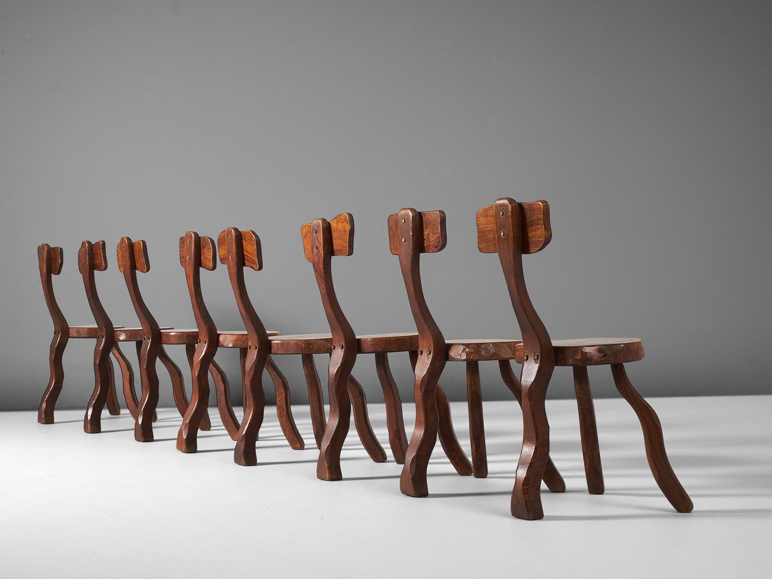 French Set of Eight Root Chairs in Solid Elm