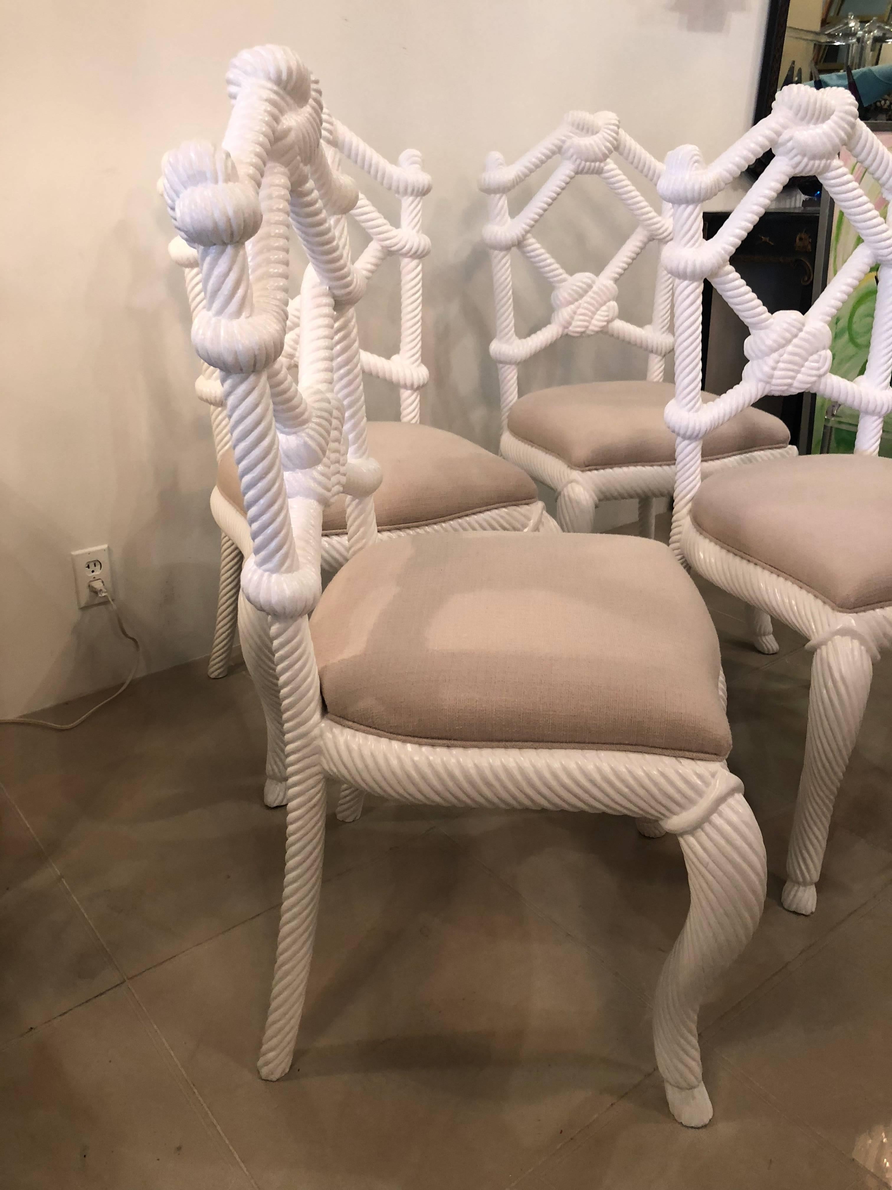 American Kelly Wearstler Rope Wood Nautical Beach Side Dining Chairs White Lacquered