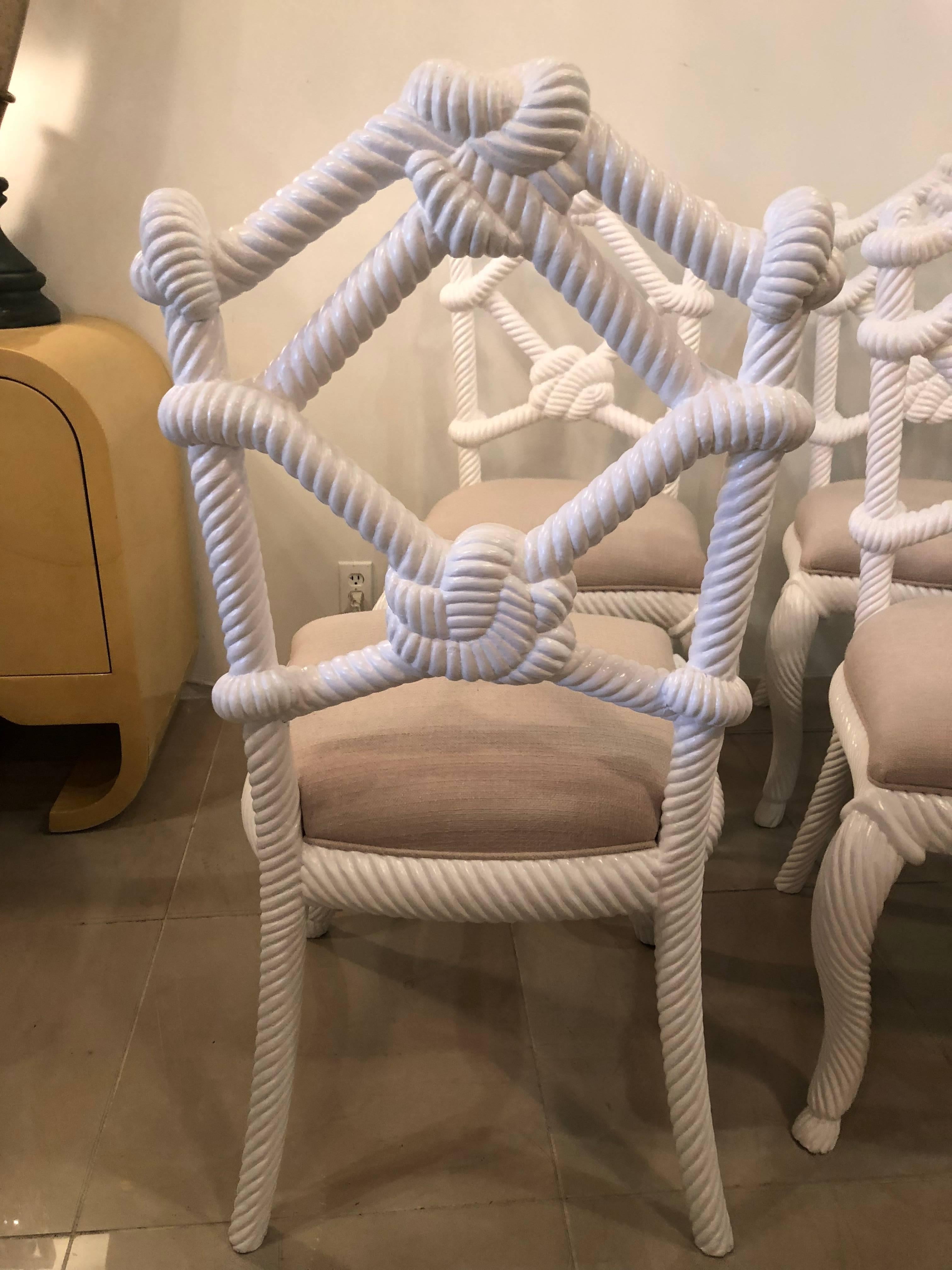 Late 20th Century Kelly Wearstler Rope Wood Nautical Beach Side Dining Chairs White Lacquered