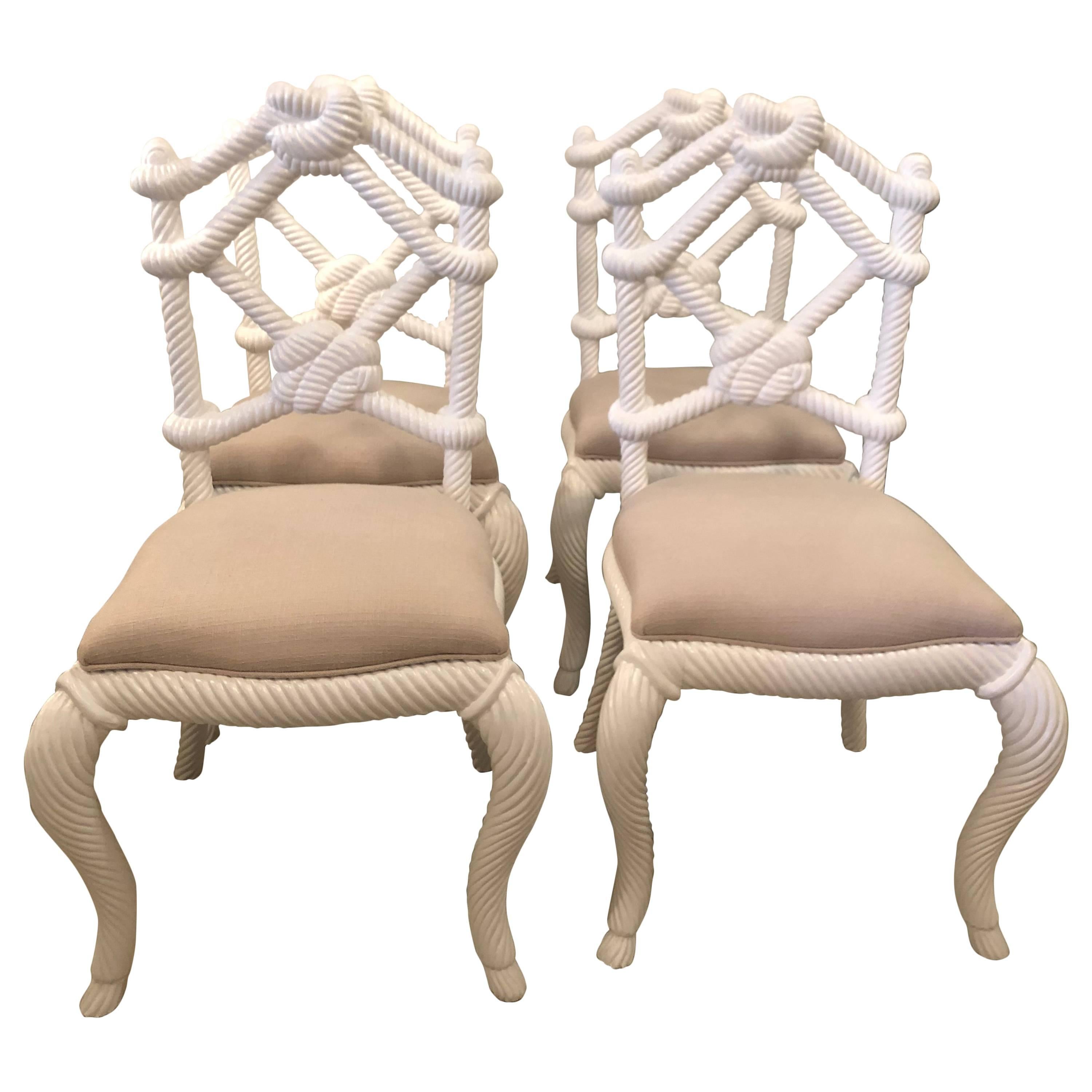 Kelly Wearstler Rope Wood Nautical Beach Side Dining Chairs White Lacquered