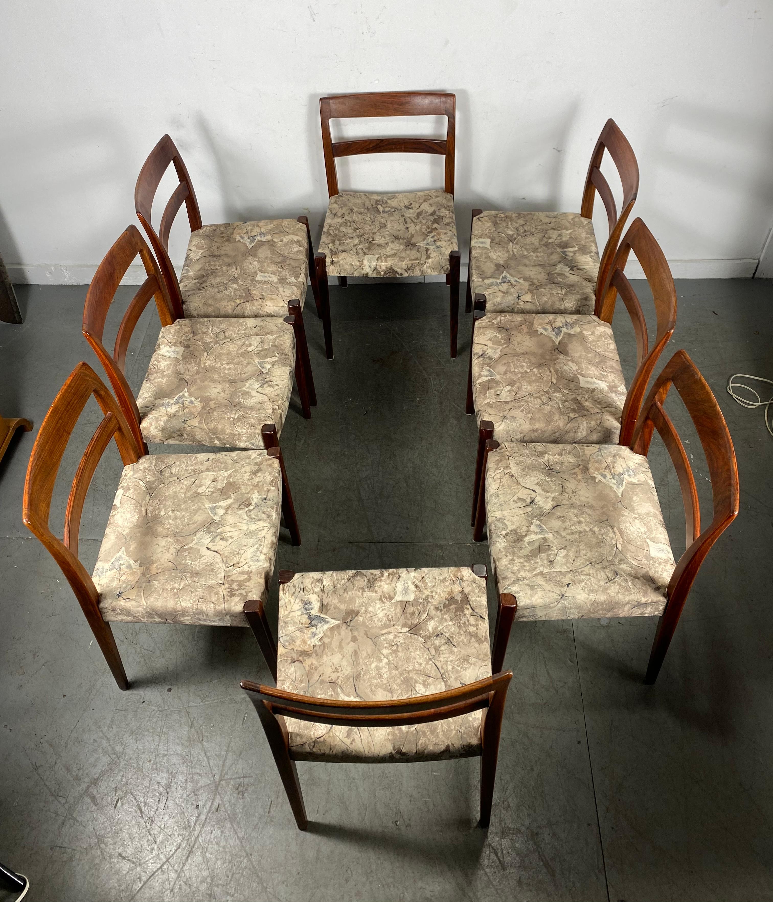 Set of eight chairs in Rosewood, designed by Nils Jonsson for Troeds, Bja¨rnum in the 1960s. Rosewood frames in wonderful original condition, Seats have been reupholstered (at some point), Classic set of 8.Fit seamlessly into any Modern,