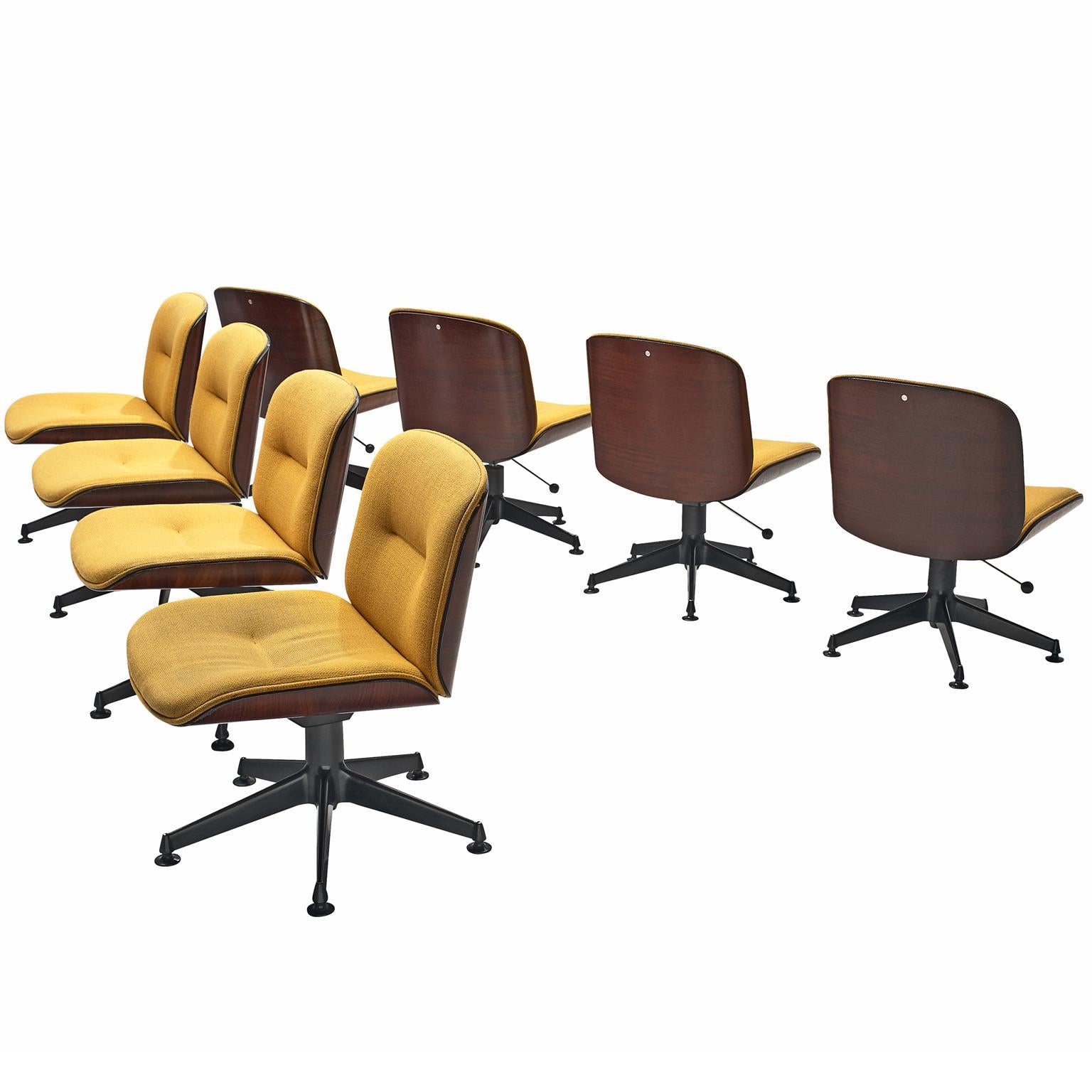 Ico Parisi for MIM Roma, set of 8 office chairs, rosewood, metal and fabric, Italy, 1950s.

Set of eight swivel office chairs from the 'Terni' series by MIM Roma. The seating and back consist of curved shells made of rosewood, which hold the