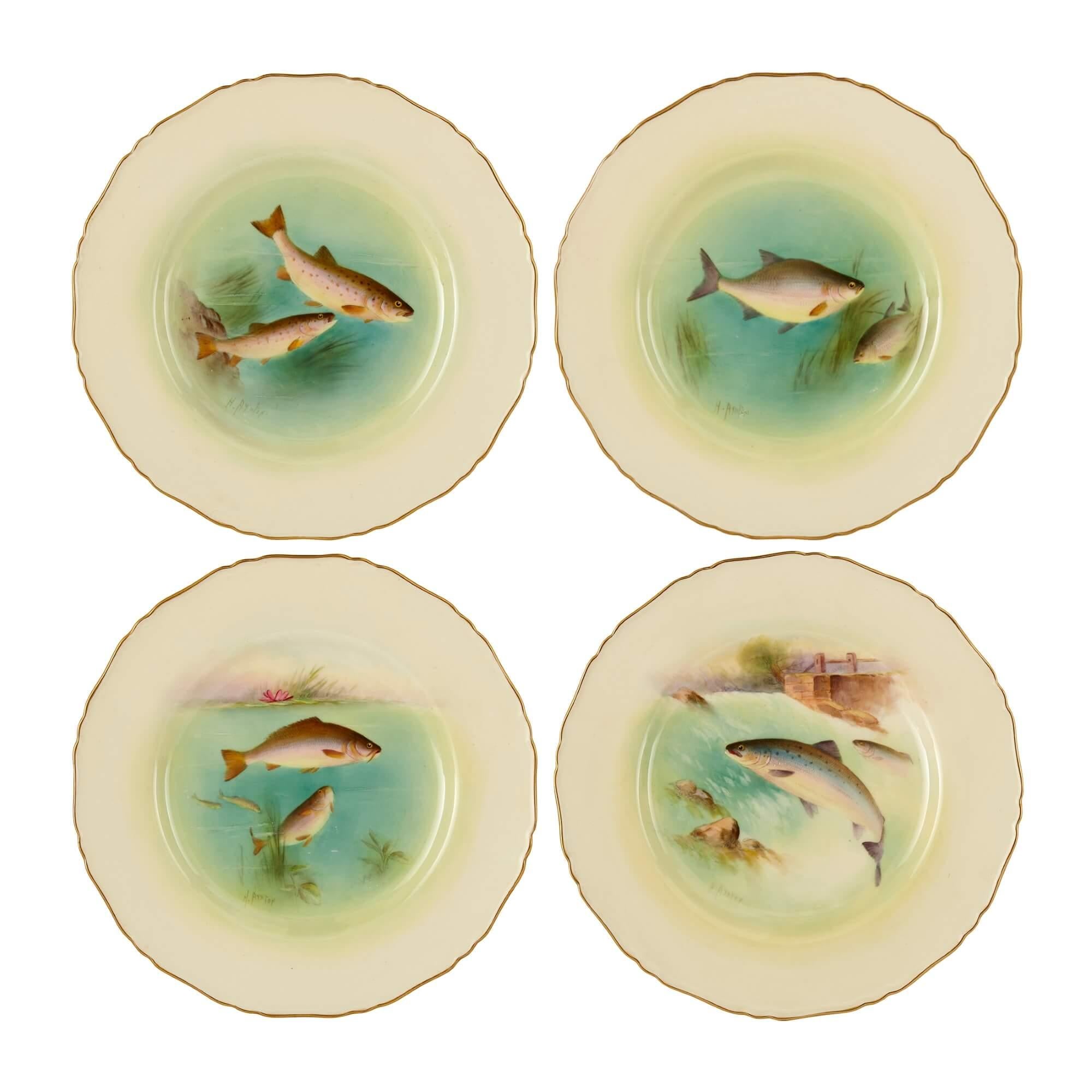 Set of Eight Royal Worcester Ichthyological porcelain plates
English, Early 20th Century
Height 2cm, diameter 23cm

This exceptional collection of porcelain plates are a set of eight marine, 'ichthyological' (from the Greek' ichthus' for 'fish'),