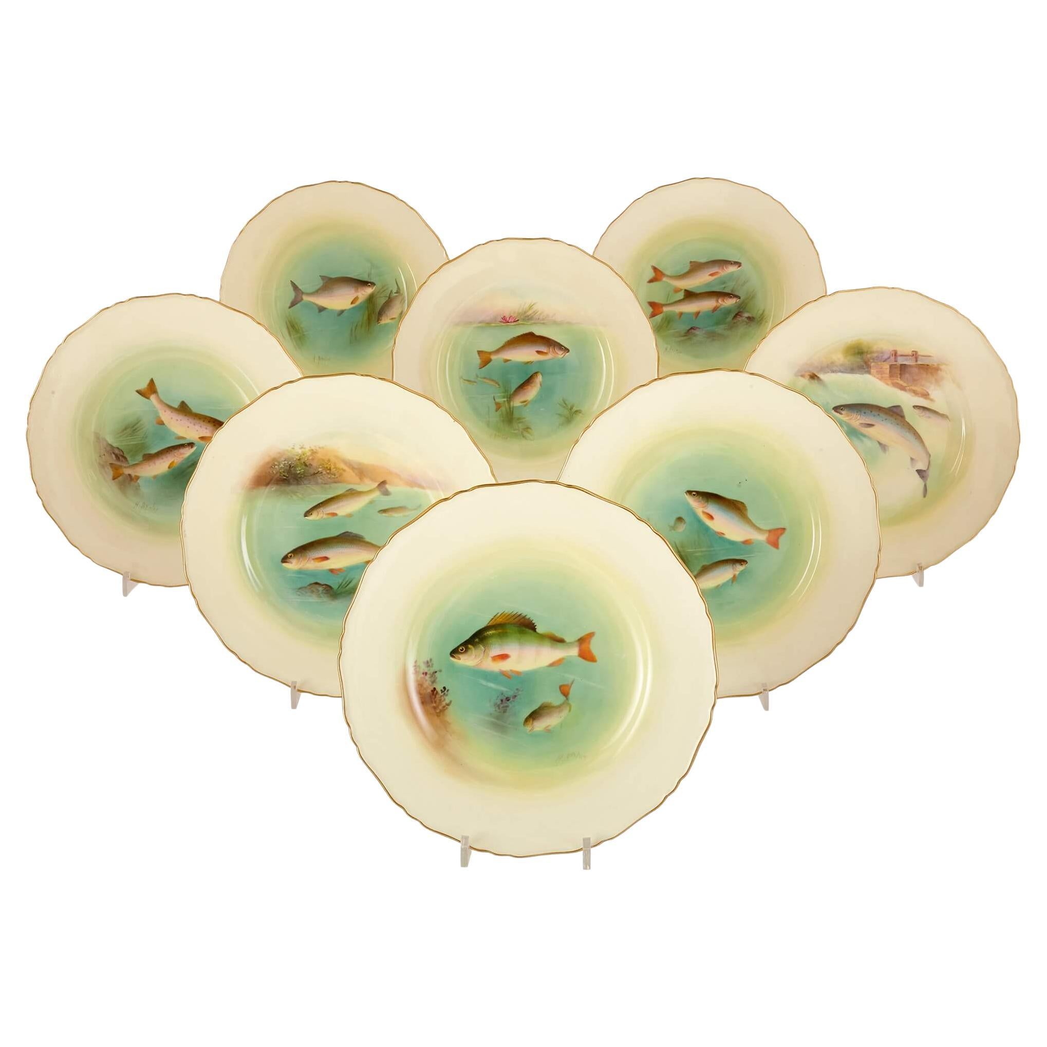 Set of Eight Royal Worcester Ichthyological porcelain plates For Sale