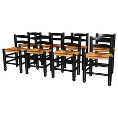 Set of Eight Rush Dining Chairs Attributed to Charles Dudouyt, France, 1950s