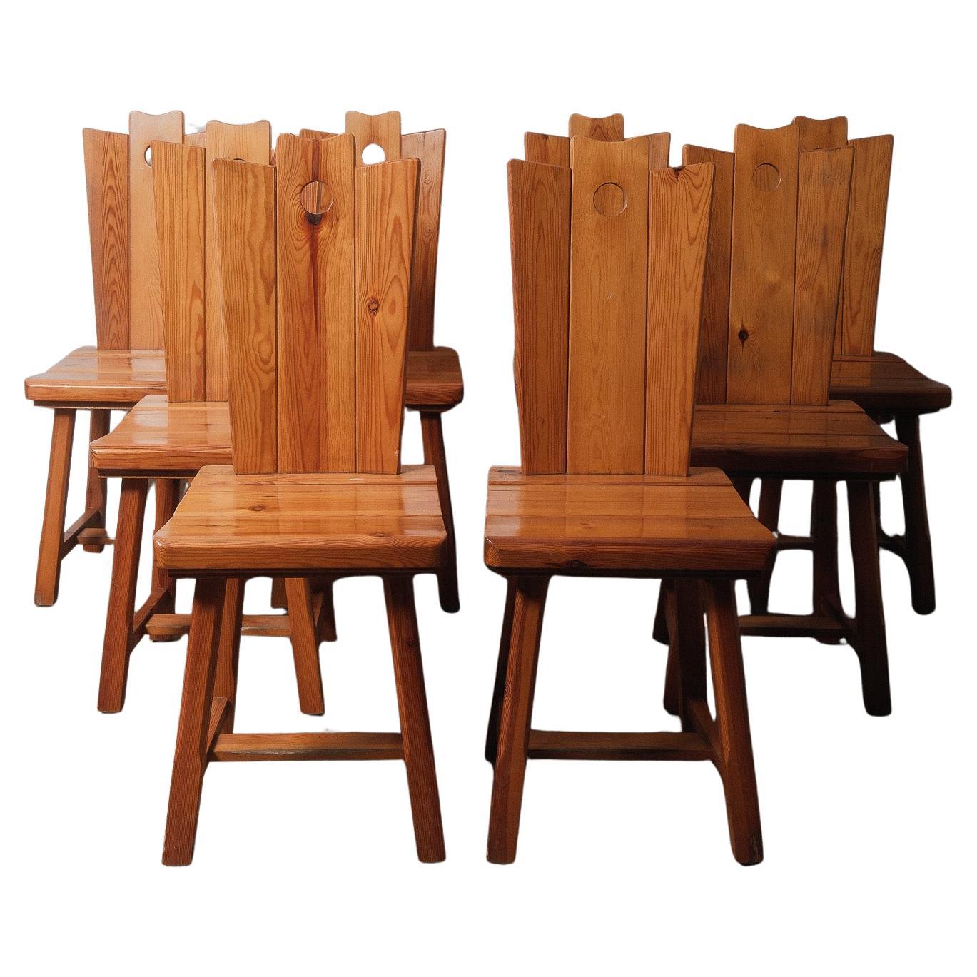 Set of Eight Rustic Alpine-Style Pine Dining Chairs For Sale