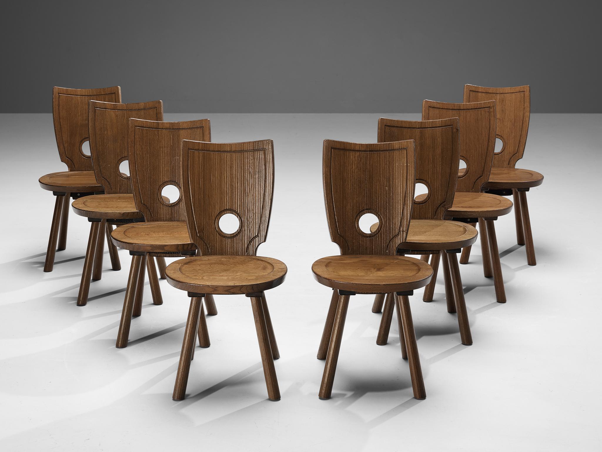 Mid-20th Century Set of Eight Rustic French Dining Chairs in Solid Oak