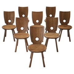 Set of Eight Rustic French Dining Chairs in Solid Oak