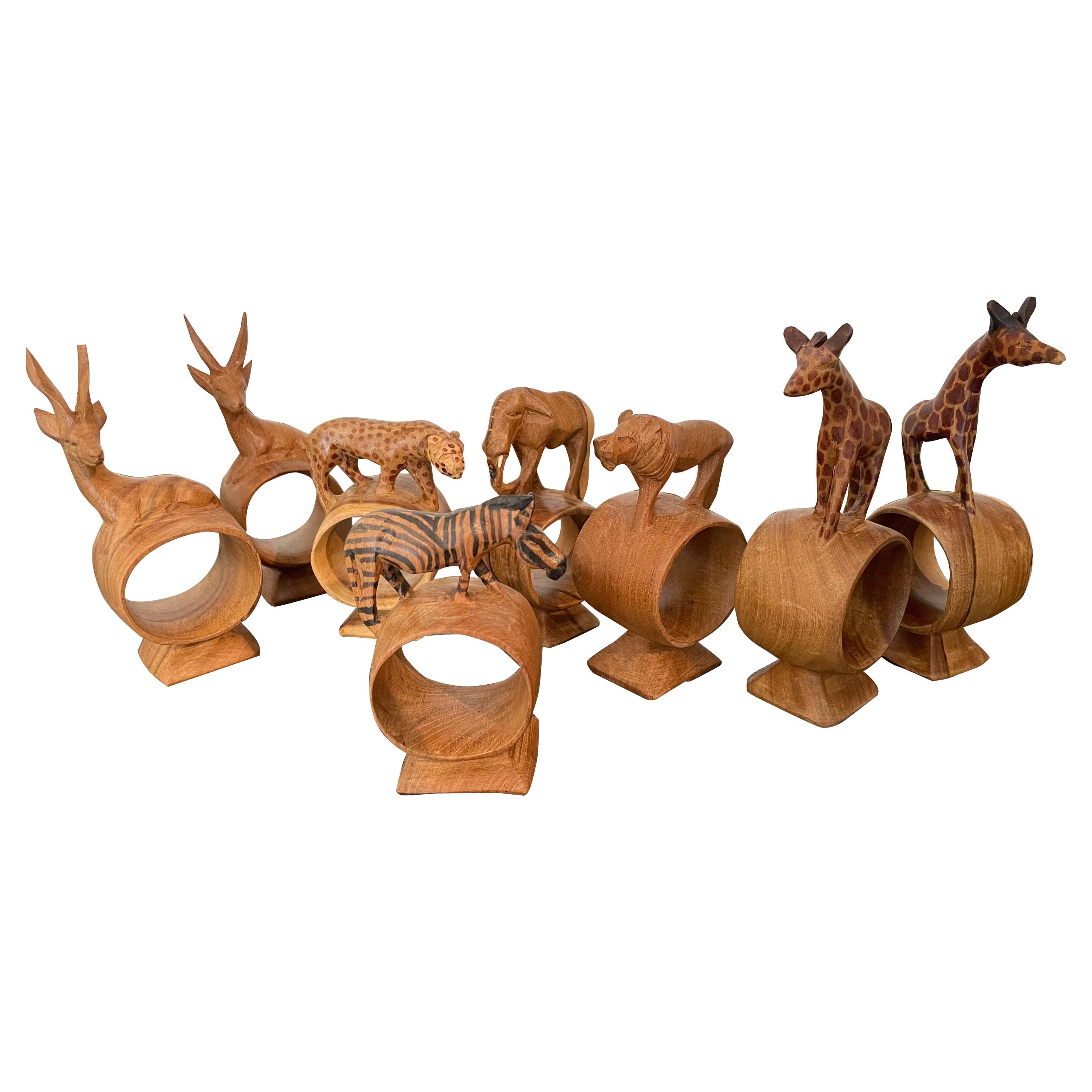 Set of Eight Safari Themed Hand Carved Napkin Rings