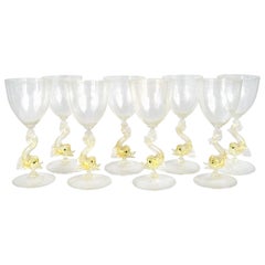 Antique Set of Eight Salviati Italian Venetian Murano Wine Stem Glasses