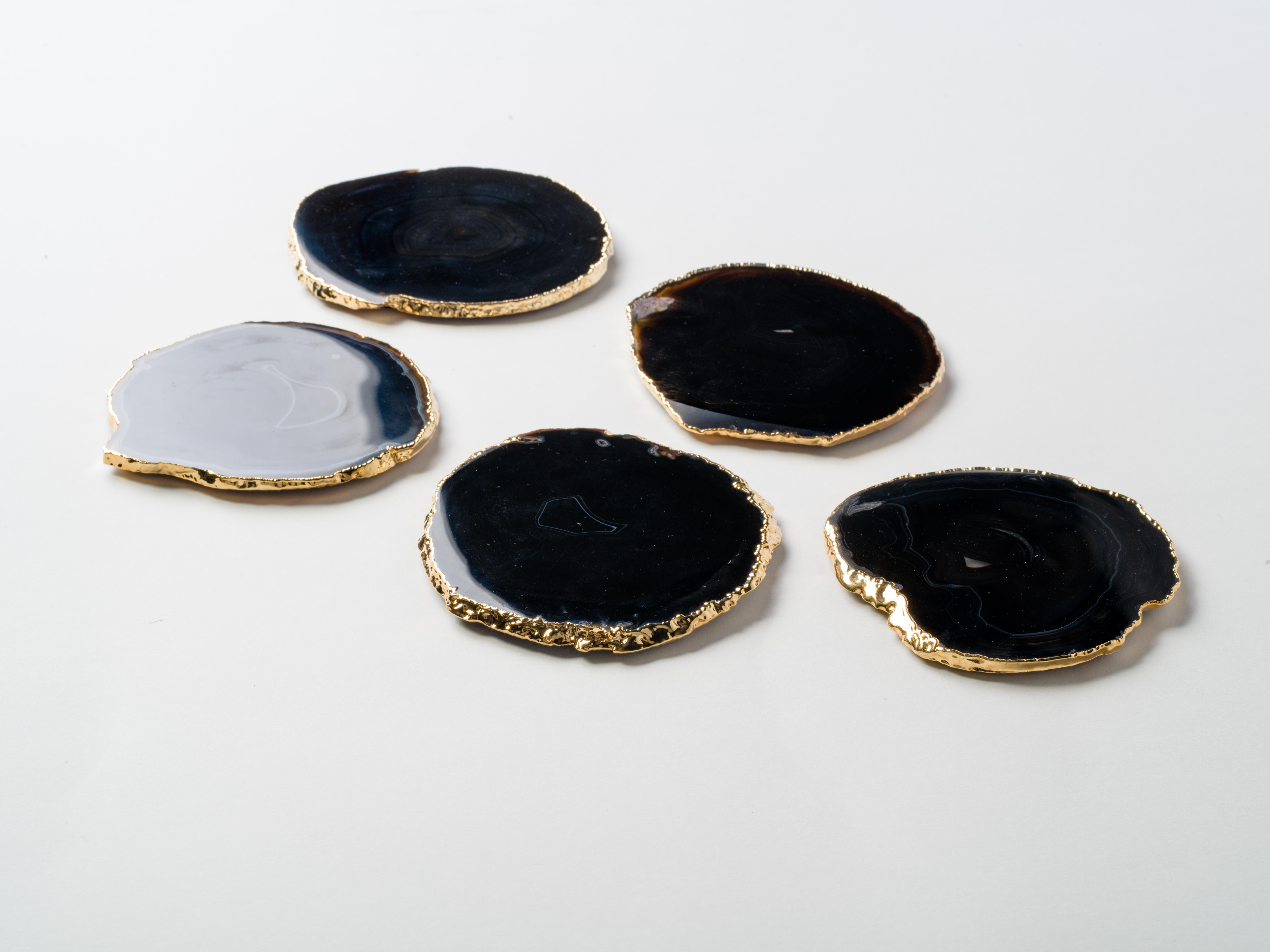Brazilian Set of Eight Semi-Precious Gemstone Coasters Black Onyx Wrapped in 24 Karat Gold