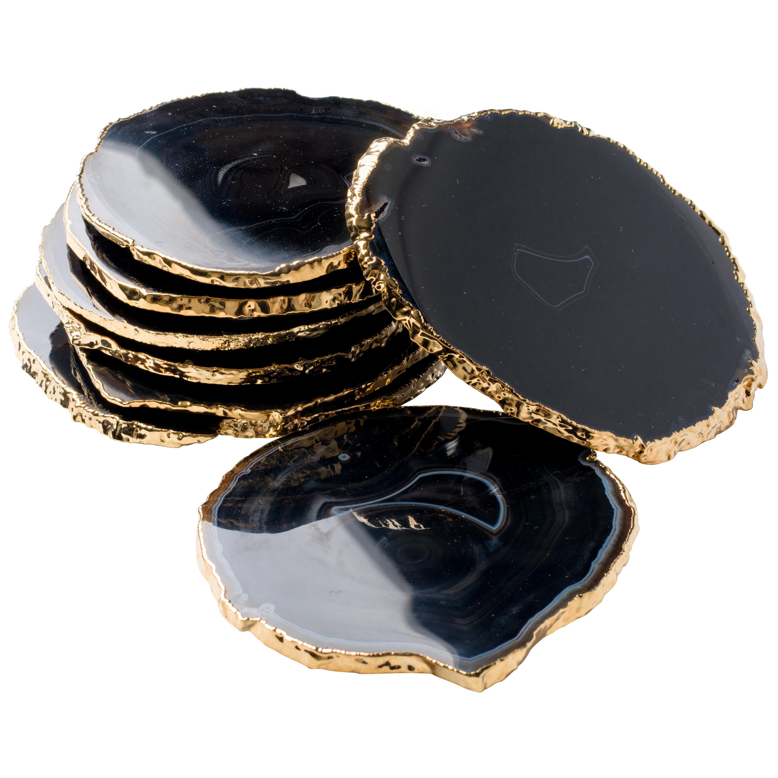 Set of Eight Semi-Precious Gemstone Coasters Black Onyx Wrapped in 24 Karat Gold