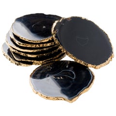 Set of Eight Semi-Precious Gemstone Coasters Black Onyx Wrapped in 24 Karat Gold