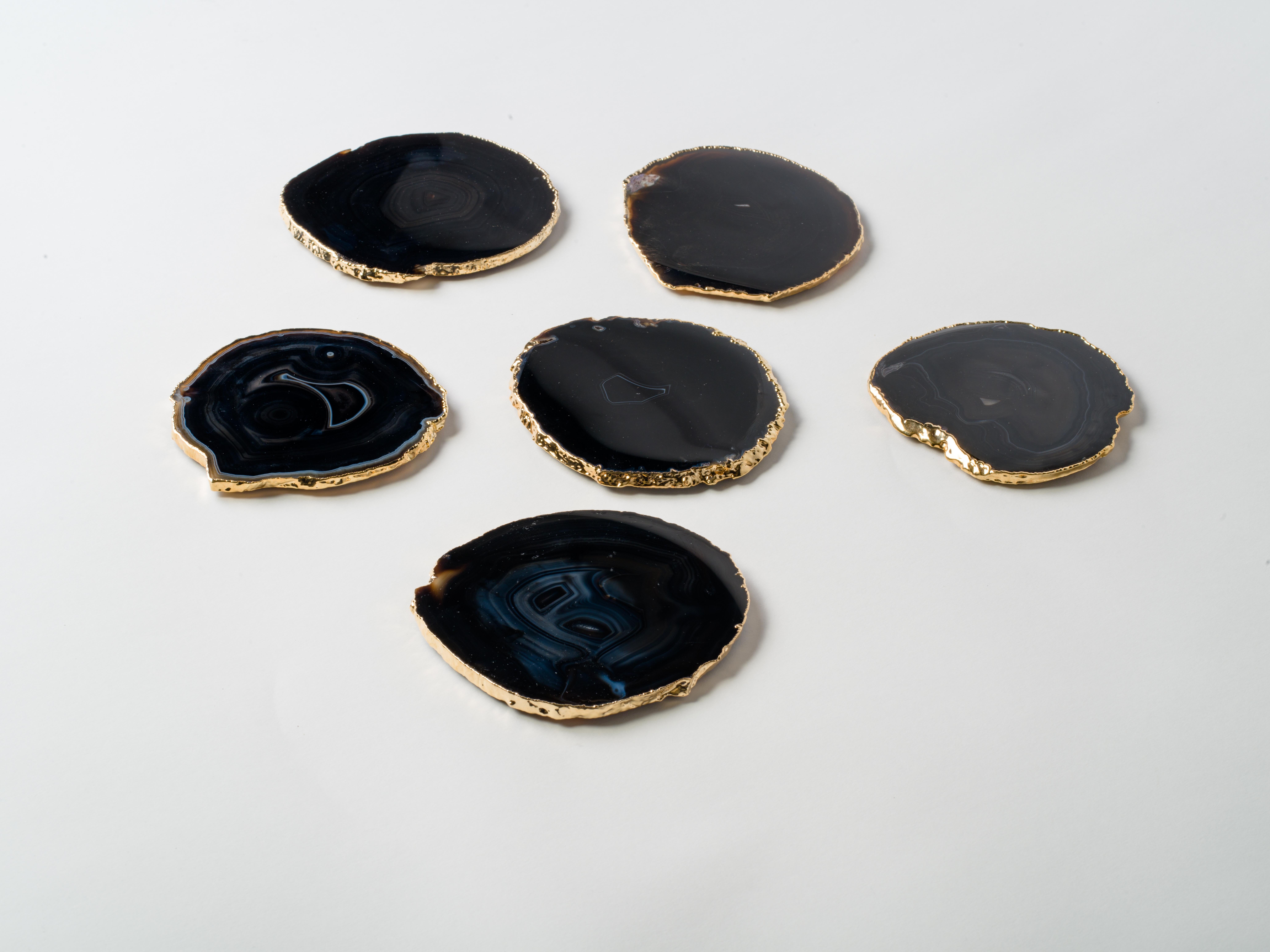 Set of Eight Semi-Precious Gemstone Coasters in Black Agate with 24 K Gold Trim 1