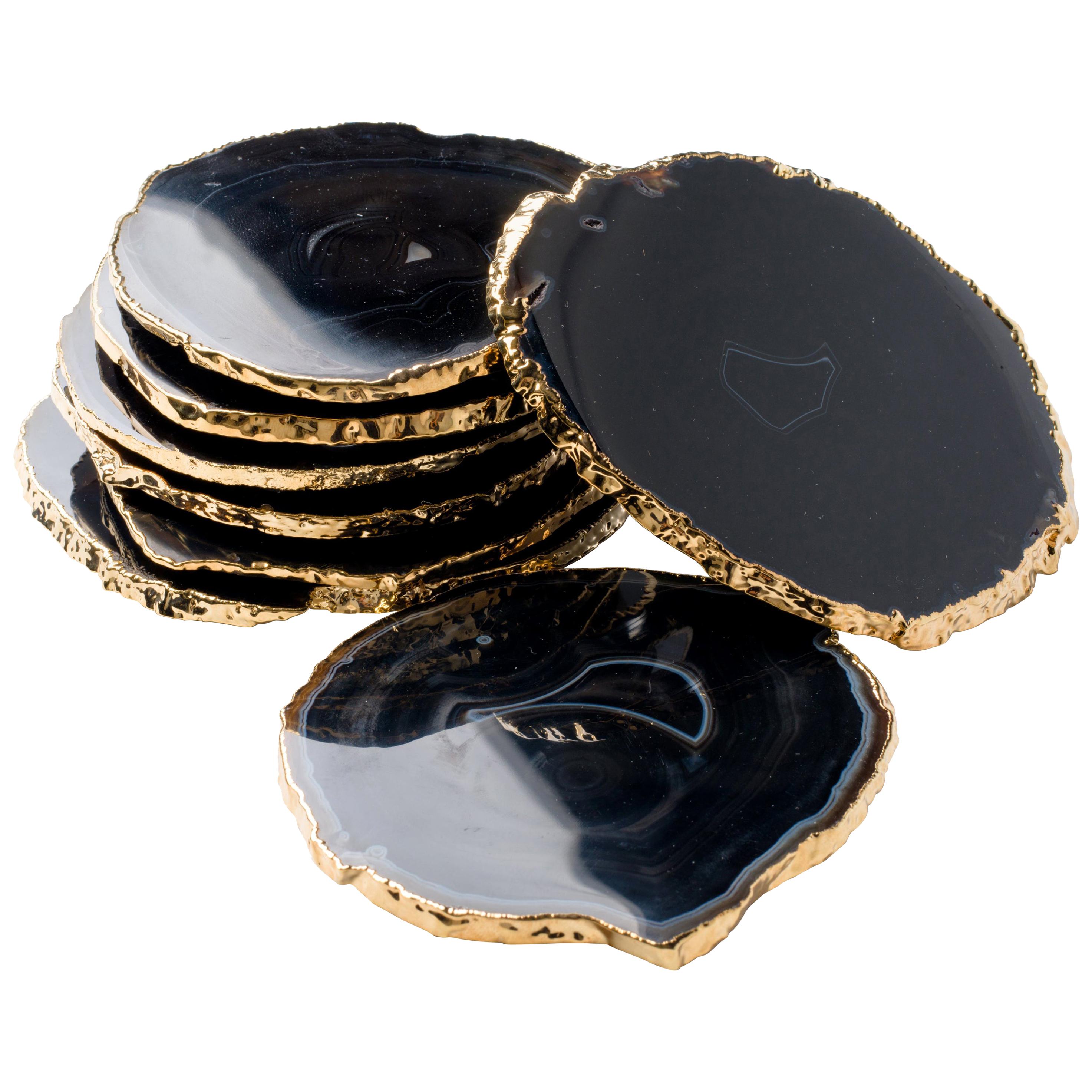 Set of Eight Semi-Precious Gemstone Coasters in Black Agate with 24 K Gold Trim