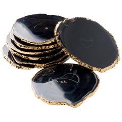 Set of Eight Semi-Precious Gemstone Coasters in Black Agate with 24 K Gold Trim