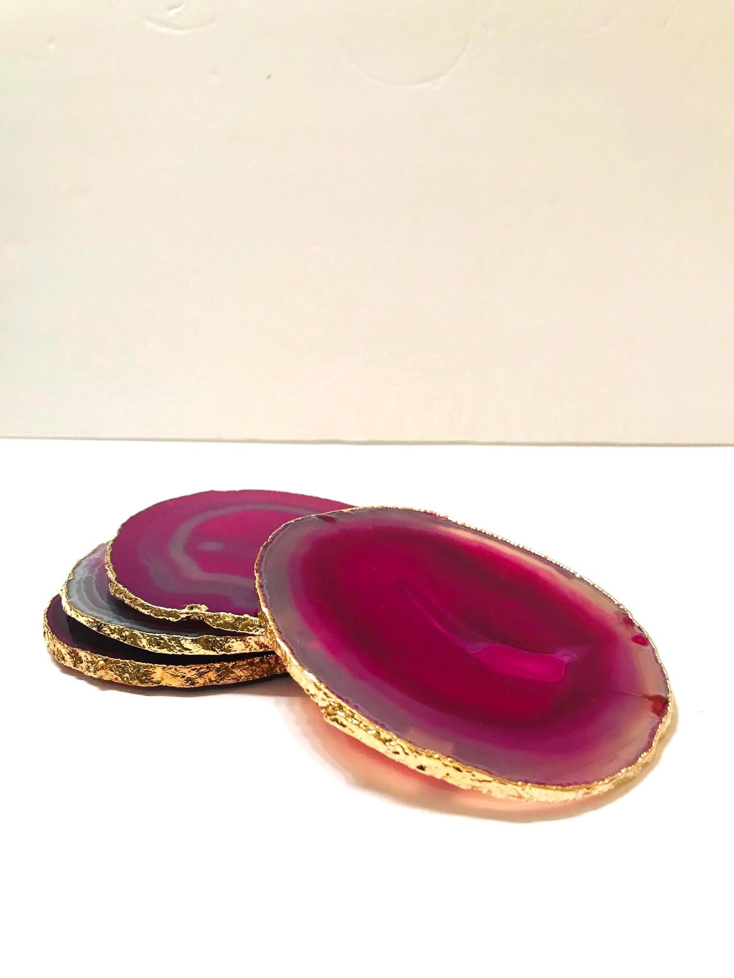 Semi-Precious Gemstone Coasters in Fuchsia with 24-Karat Gold Trim, Set / 8 For Sale 2