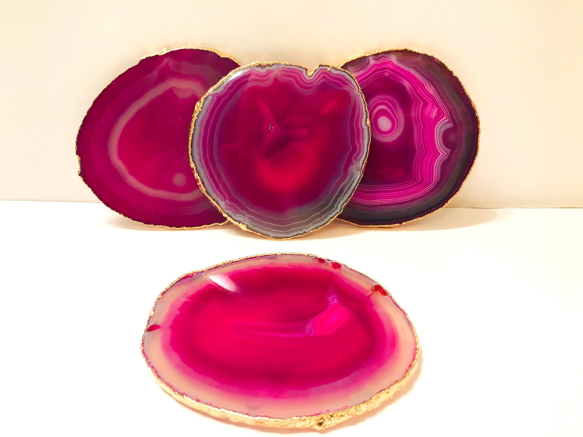 Set of Eight Semi-Precious Gemstone Coasters in Fuschia with 24-Karat Gold Trim In Excellent Condition In Fort Lauderdale, FL