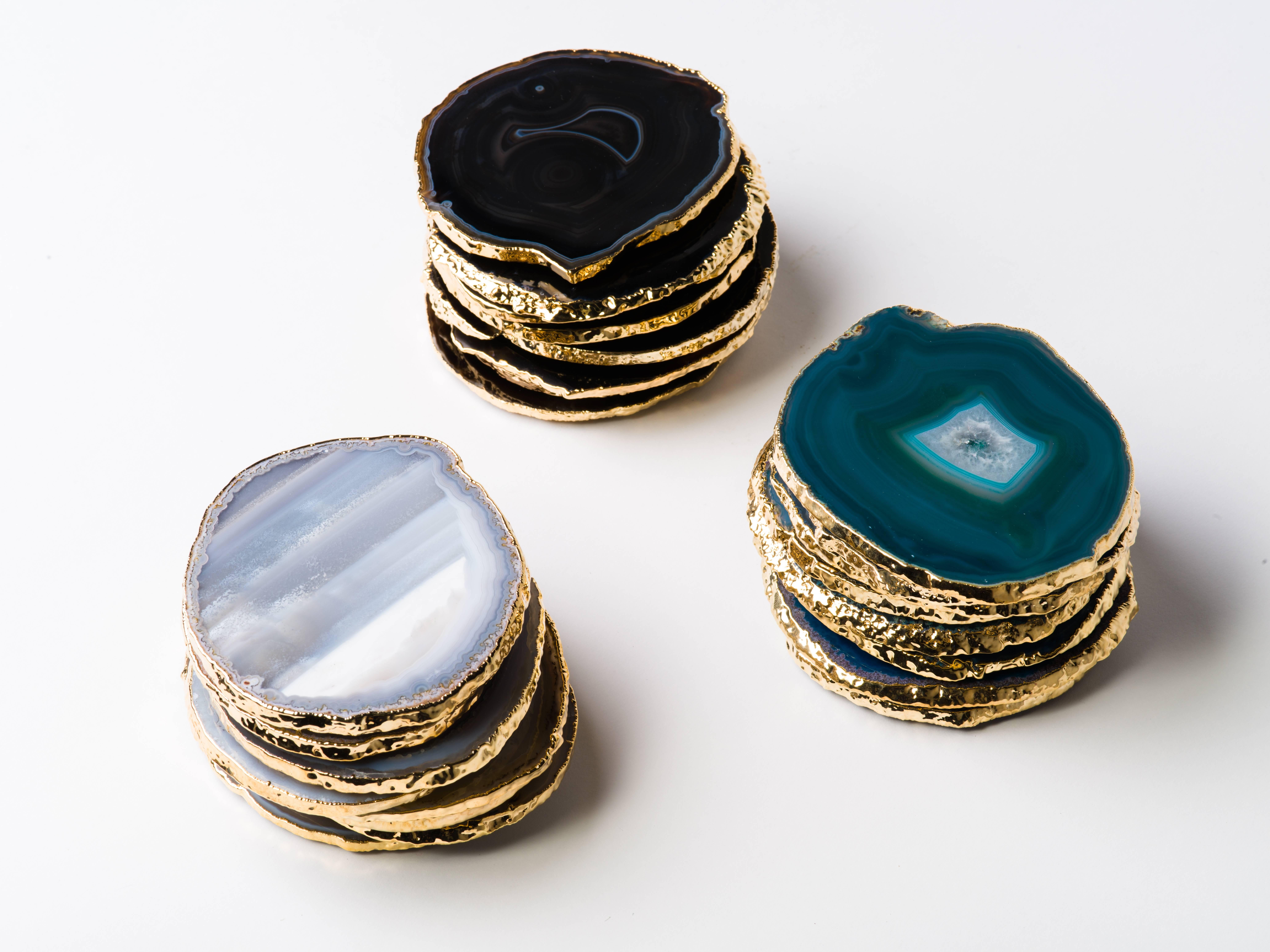 Brazilian Natural Agate and Crystal Coasters in Teal with 24-Karat Gold Trim, Set/8 For Sale