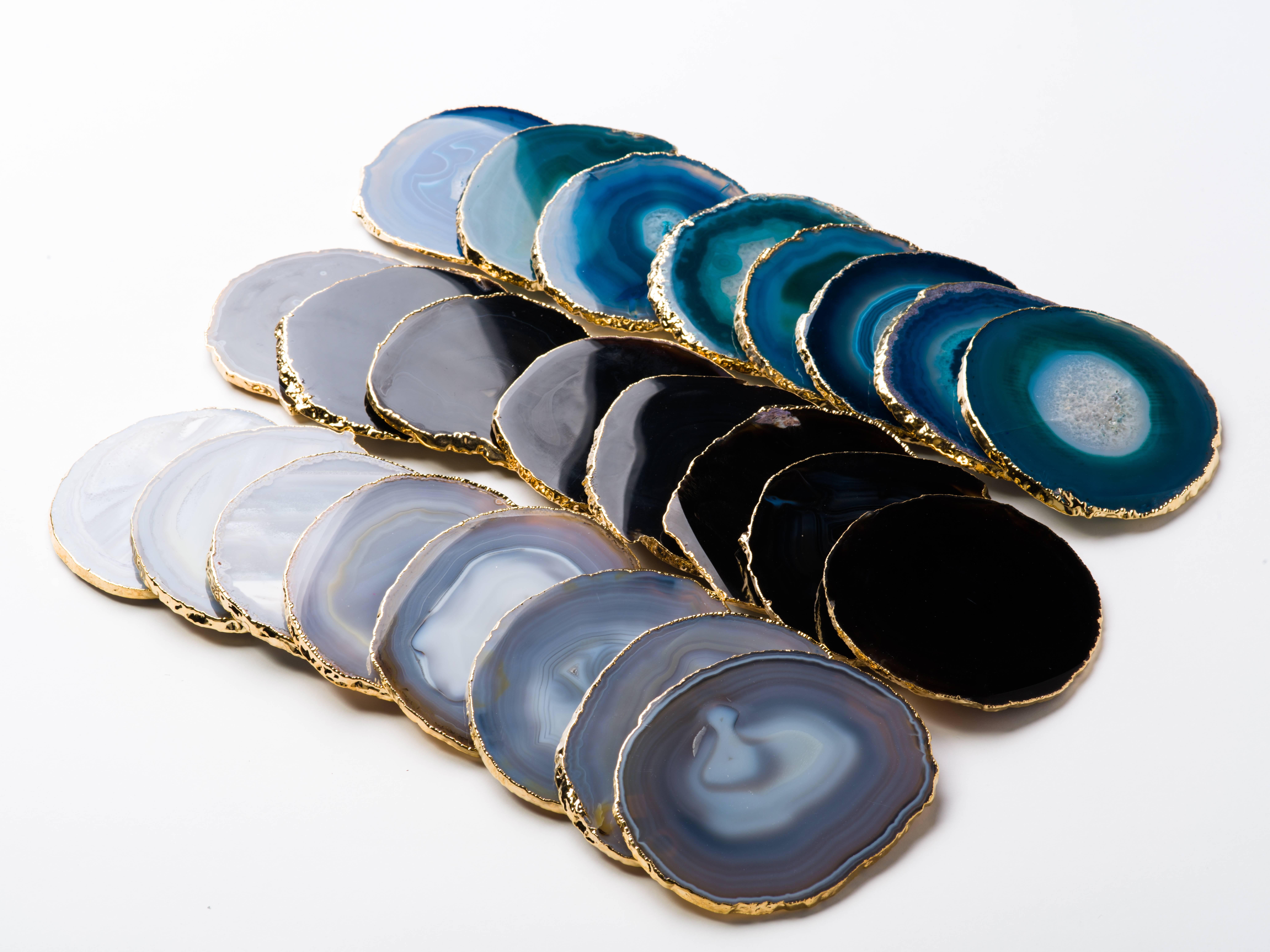 Contemporary Natural Agate and Crystal Coasters in Teal with 24-Karat Gold Trim, Set/8 For Sale