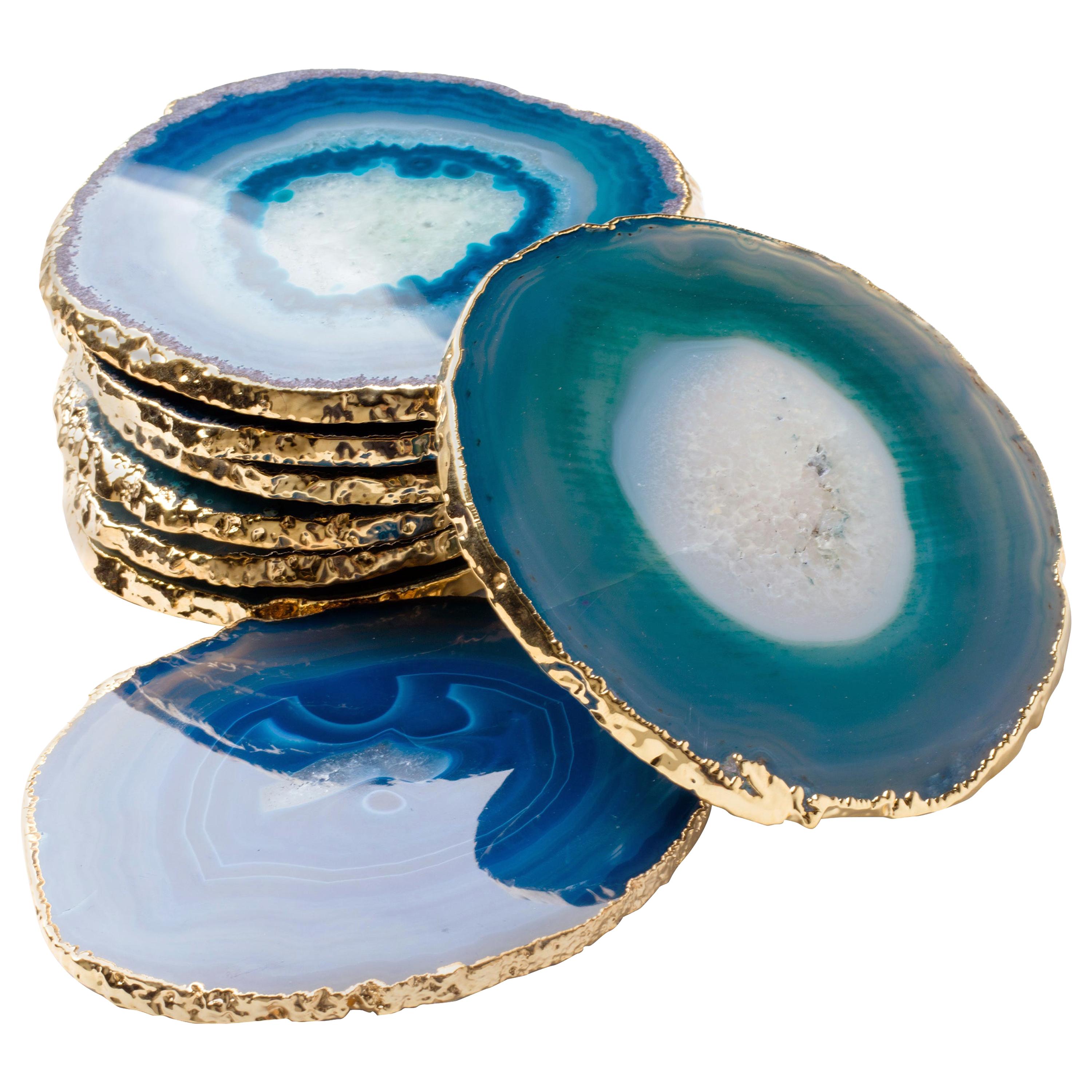 Natural Agate and Crystal Coasters in Teal with 24-Karat Gold Trim, Set/8 For Sale