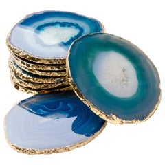Natural Agate and Crystal Coasters in Teal with 24-Karat Gold Trim, Set/8