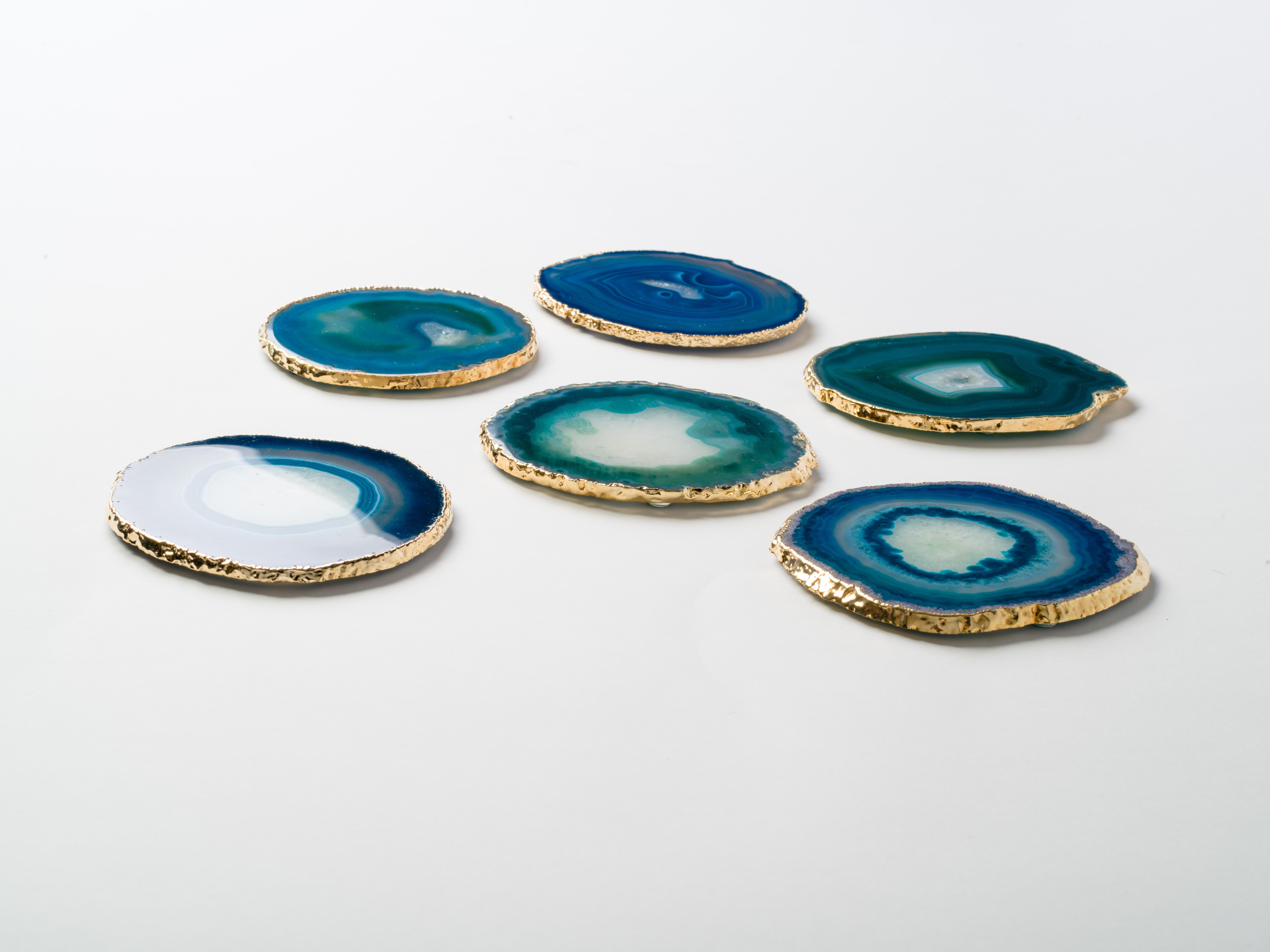 Brazilian Set of Eight Semi-Precious Gemstone Coasters in Teal Wrapped in 24-Karat Gold