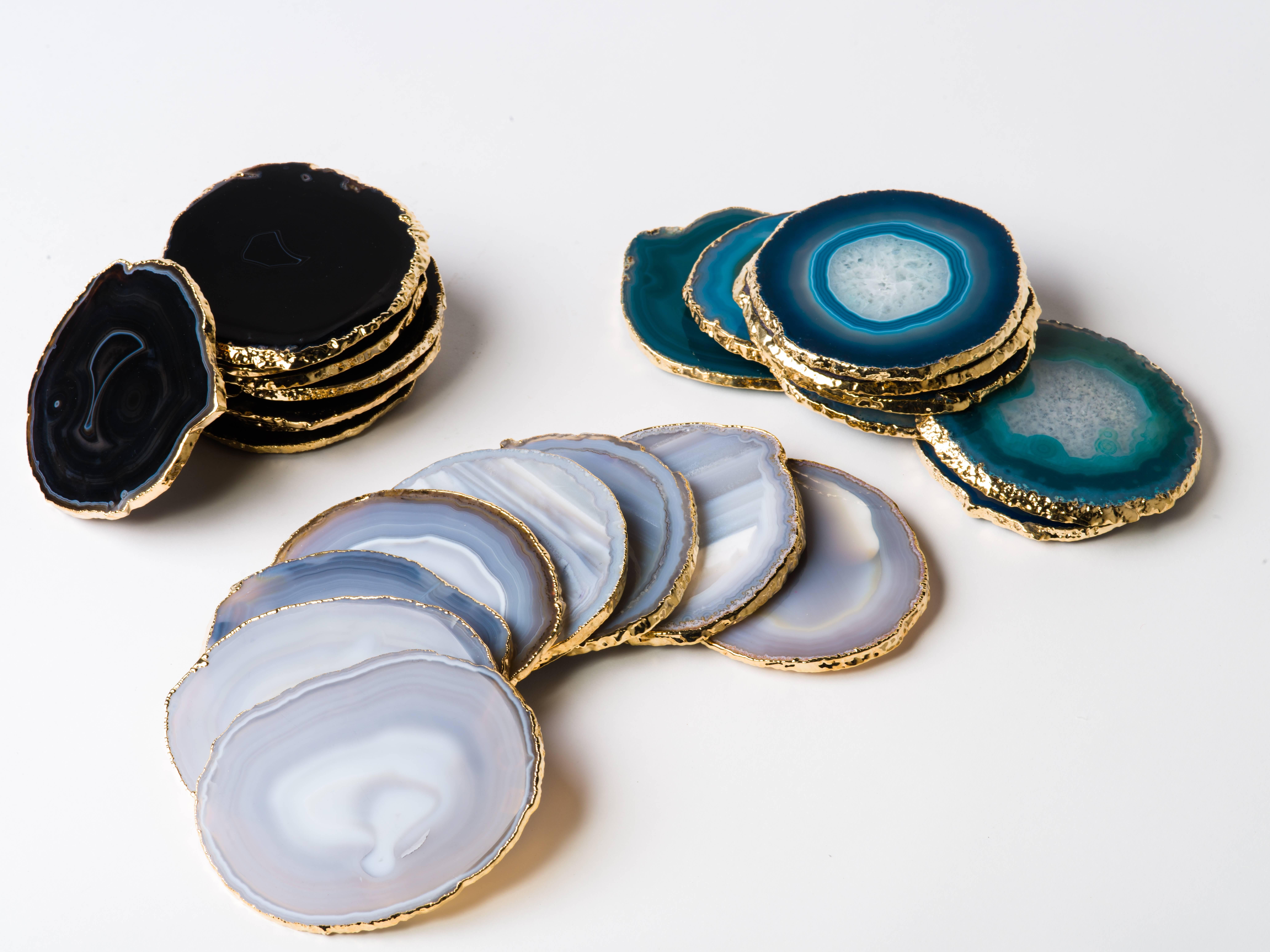 Agate Set of Eight Semi-Precious Gemstone Coasters in Teal Wrapped in 24-Karat Gold
