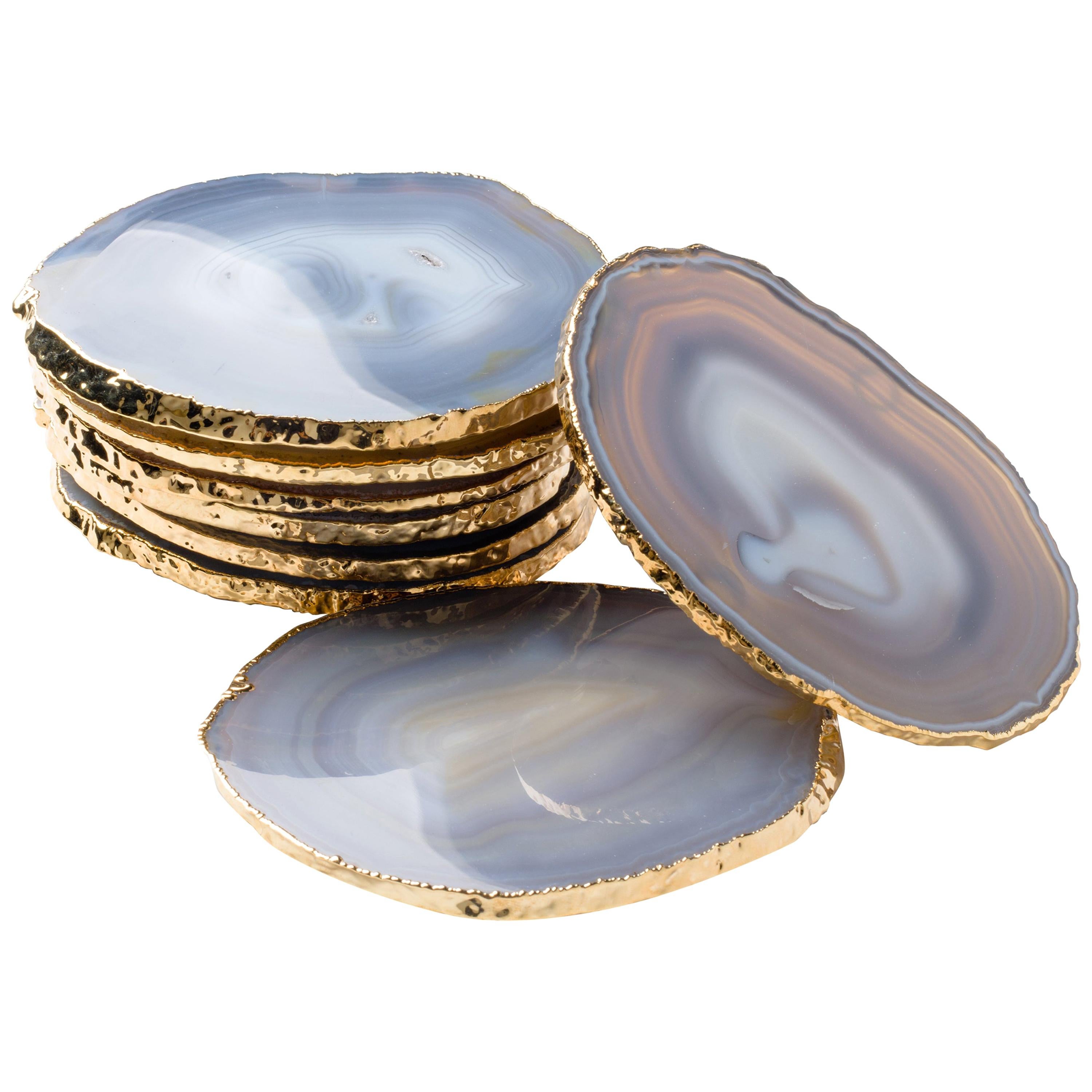 Set of Eight Semi-Precious Grey Agate Gemstone Coasters with 24-Karat Gold Trim