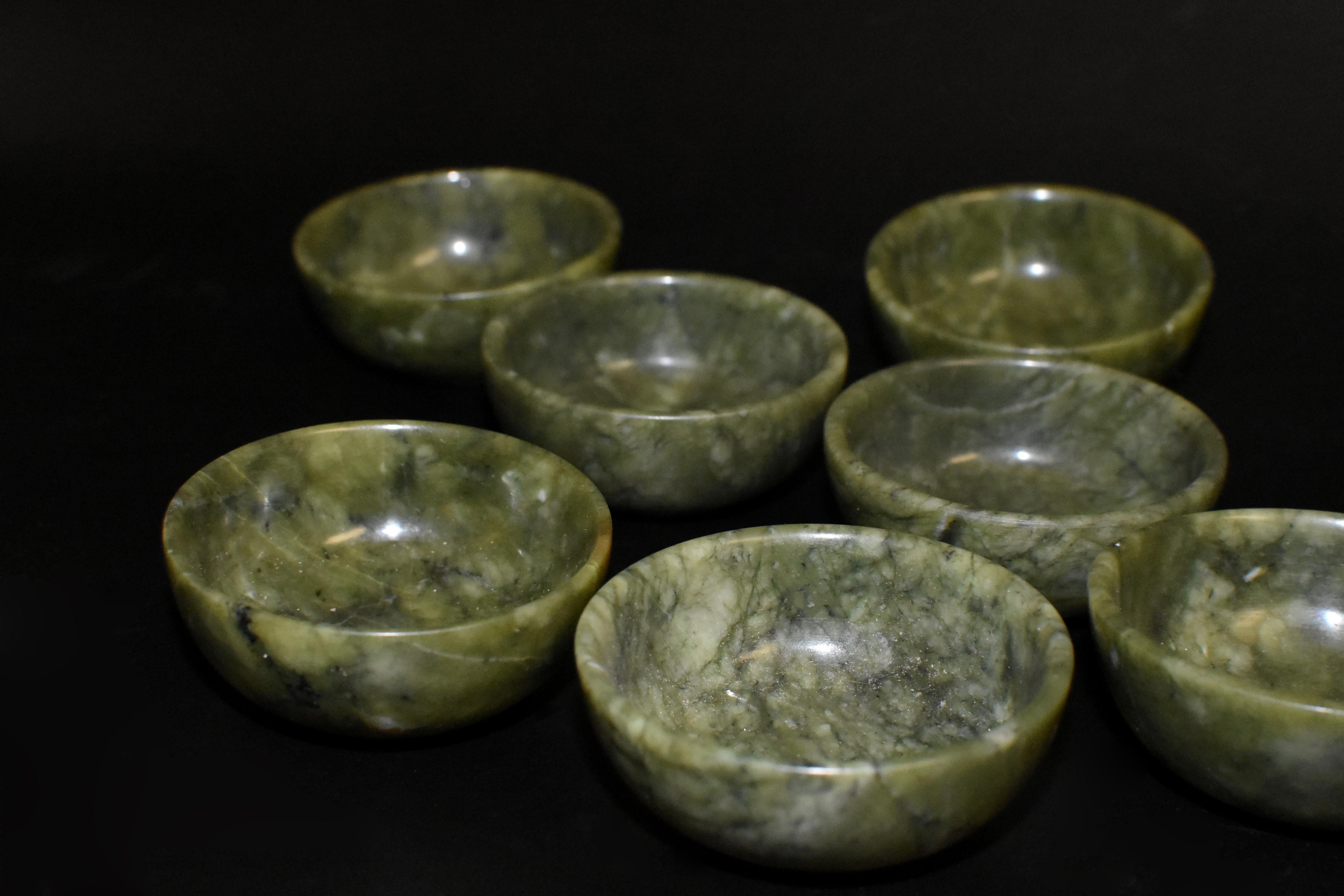 Contemporary Set of Eight Serpentine Teacups Gemstone Bowls