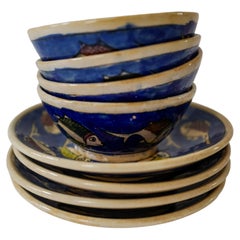 Set of 8 Italian Hand-Painted Ceramic Tableware with Fish Designs Sicilian Charm
