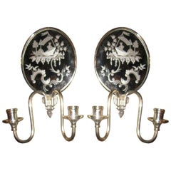 Set Of Eight Silver Plate Sconces With Chinoiserie Etched Mirror