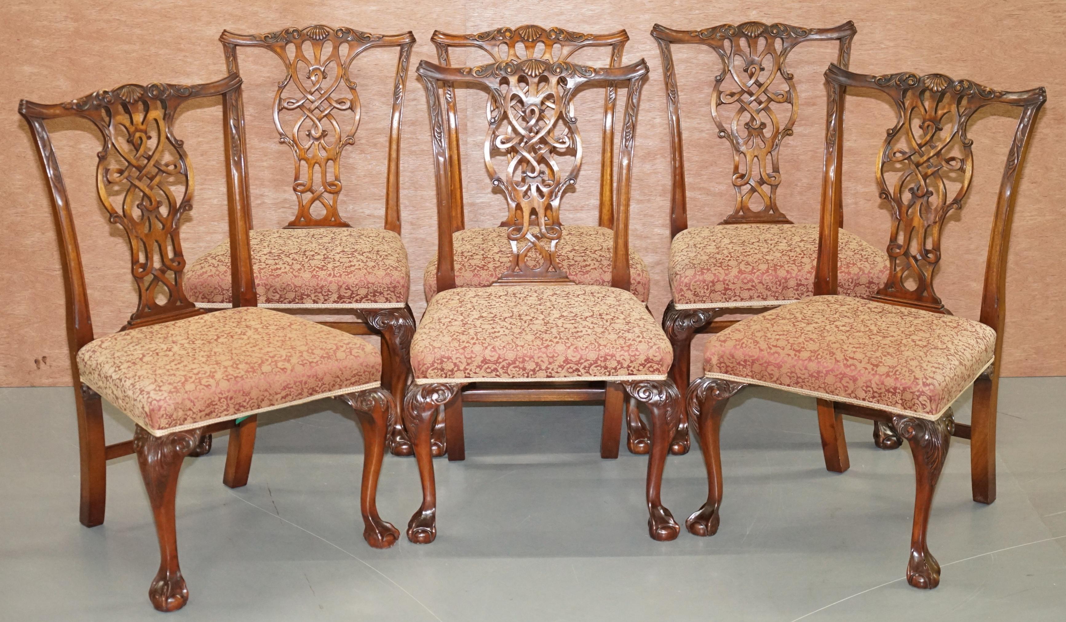 We are delighted to offer for sale this sublime suite of eight vintage ornately hand carved Mahogany dining chairs after the original by Thomas Chippendale

These chairs are amazing, they seat very comfortable owing to the fact that the hand