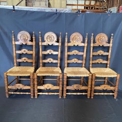 Set of Eight Spanish Belle Epoque Folk Art Rush Seat Ladderback Dining Chairs