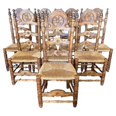 Used Set of Eight Spanish Belle Epoque Folk Art Rush Seat Ladderback Dining Chairs
