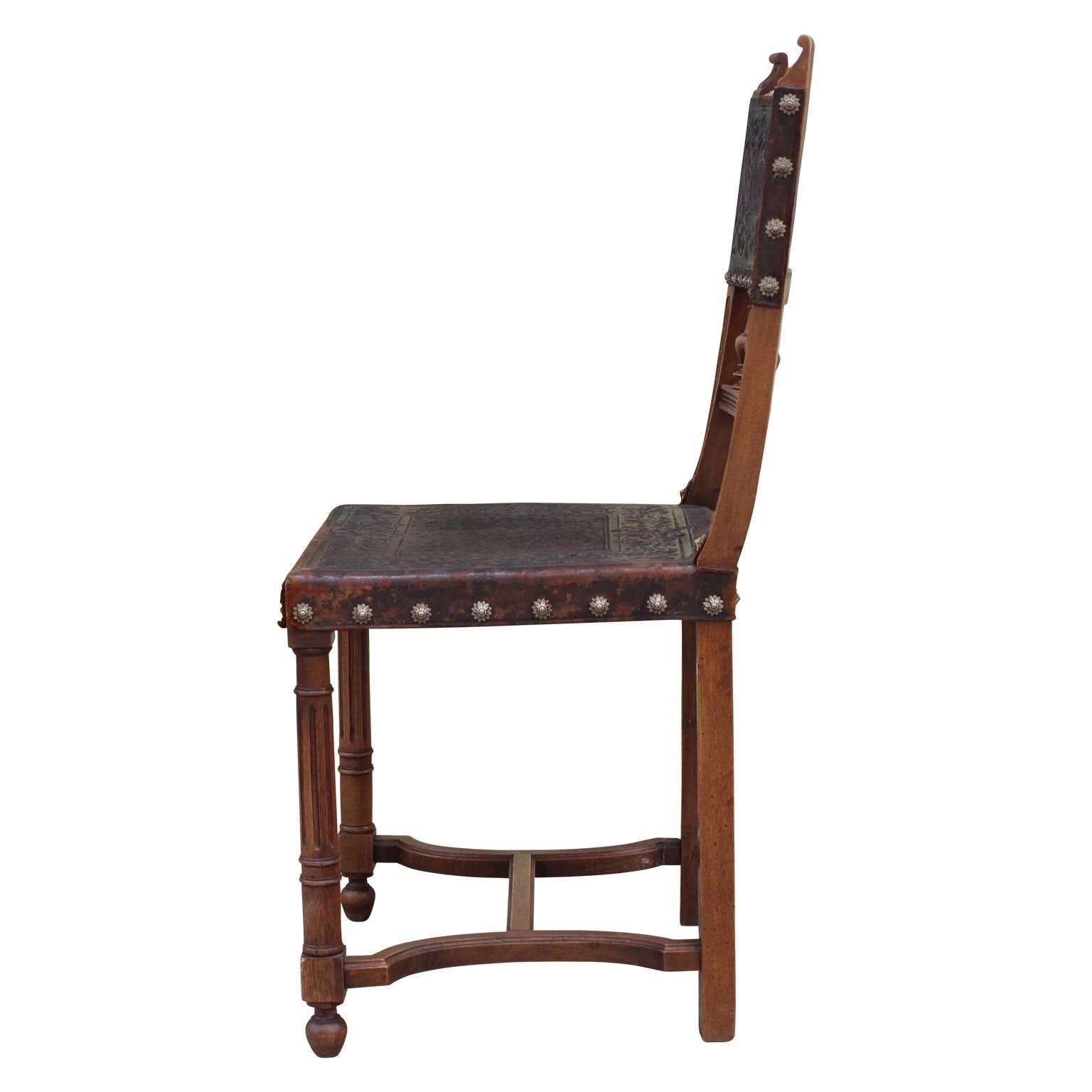 Set of Eight Spanish Brown Embossed Leather Walnut Dining Chairs 1