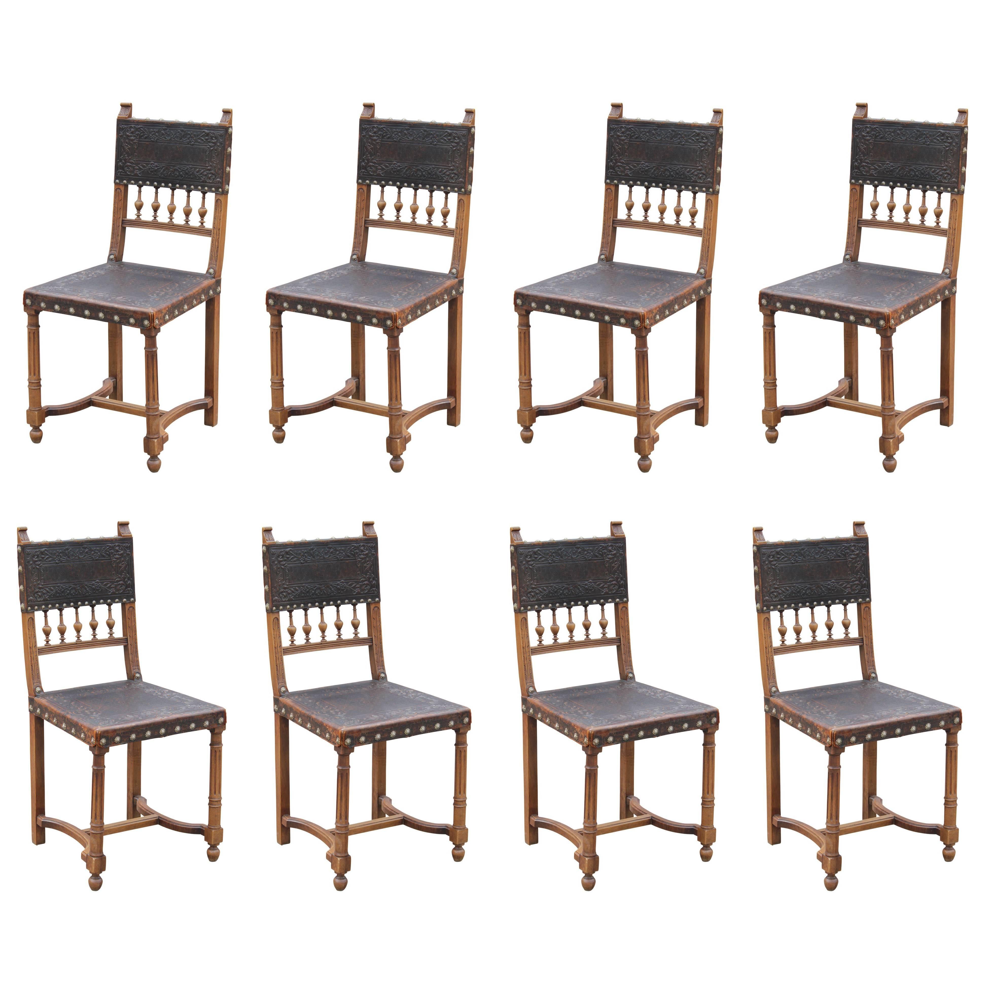 Set of Eight Spanish Brown Embossed Leather Walnut Dining Chairs
