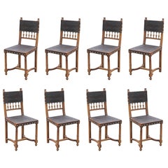 Antique Set of Eight Spanish Brown Embossed Leather Walnut Dining Chairs