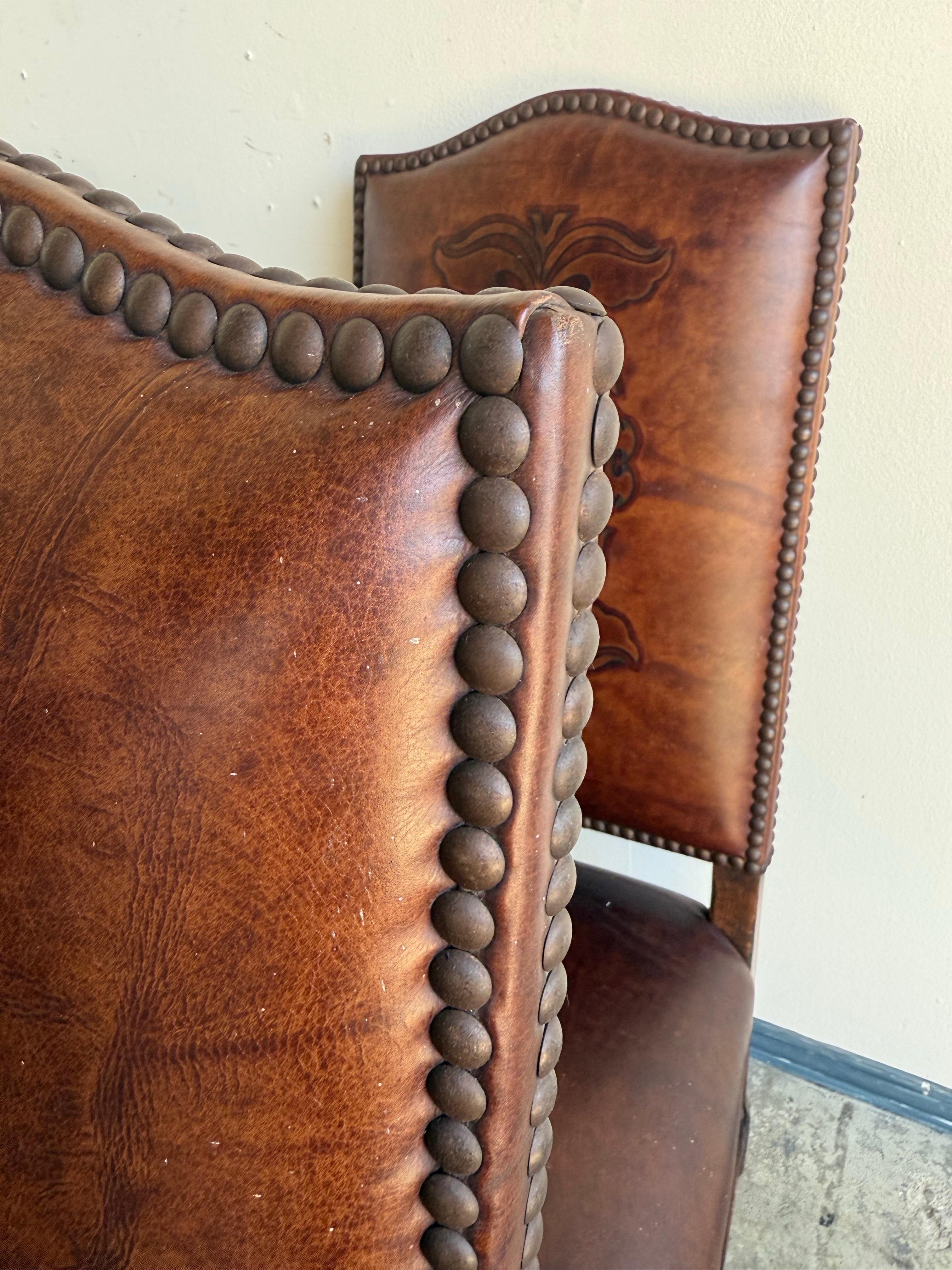 Set of Eight Spanish Revival Leather and Carved Walnut Dining Chairs For Sale 5
