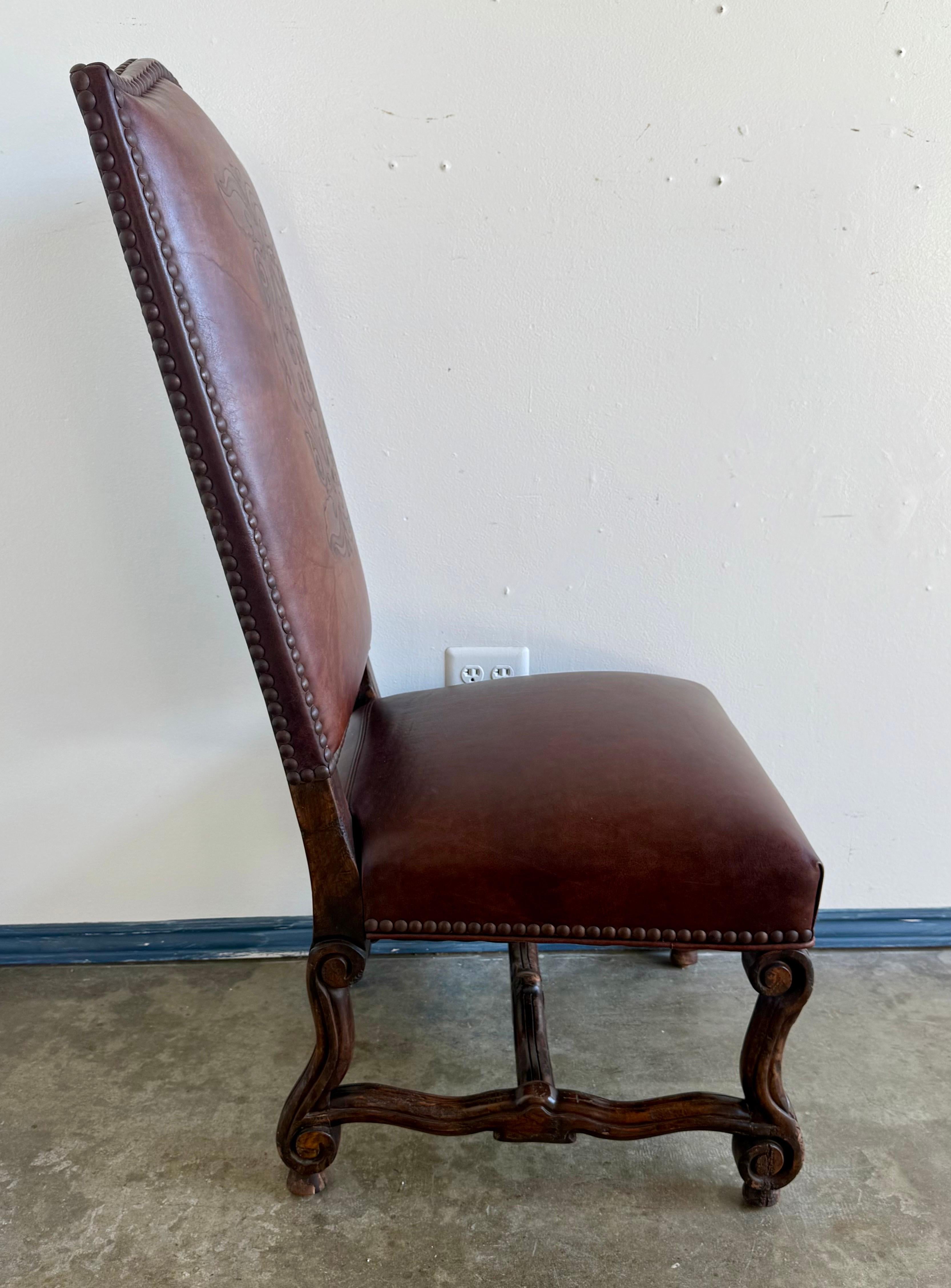 Set of Eight Spanish Revival Leather and Carved Walnut Dining Chairs For Sale 6