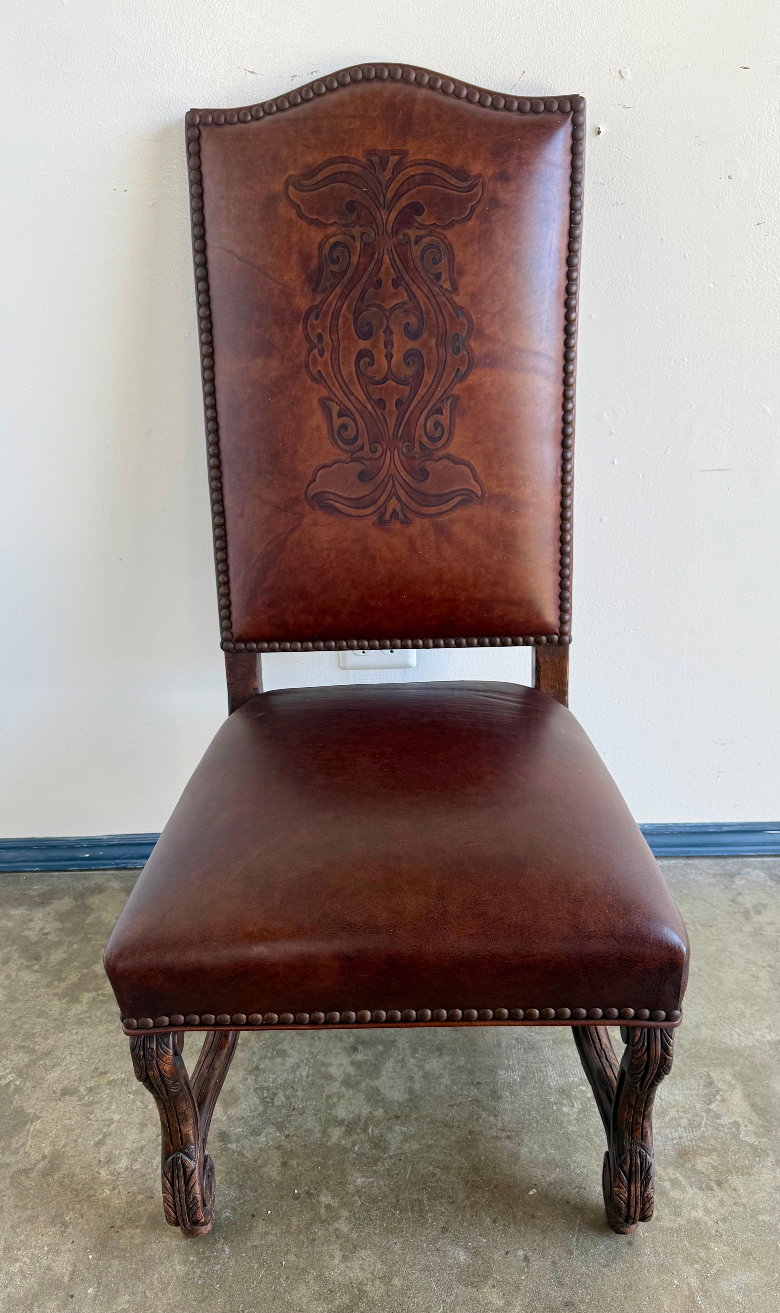 Set of Eight Spanish Revival Leather and Carved Walnut Dining Chairs For Sale 10