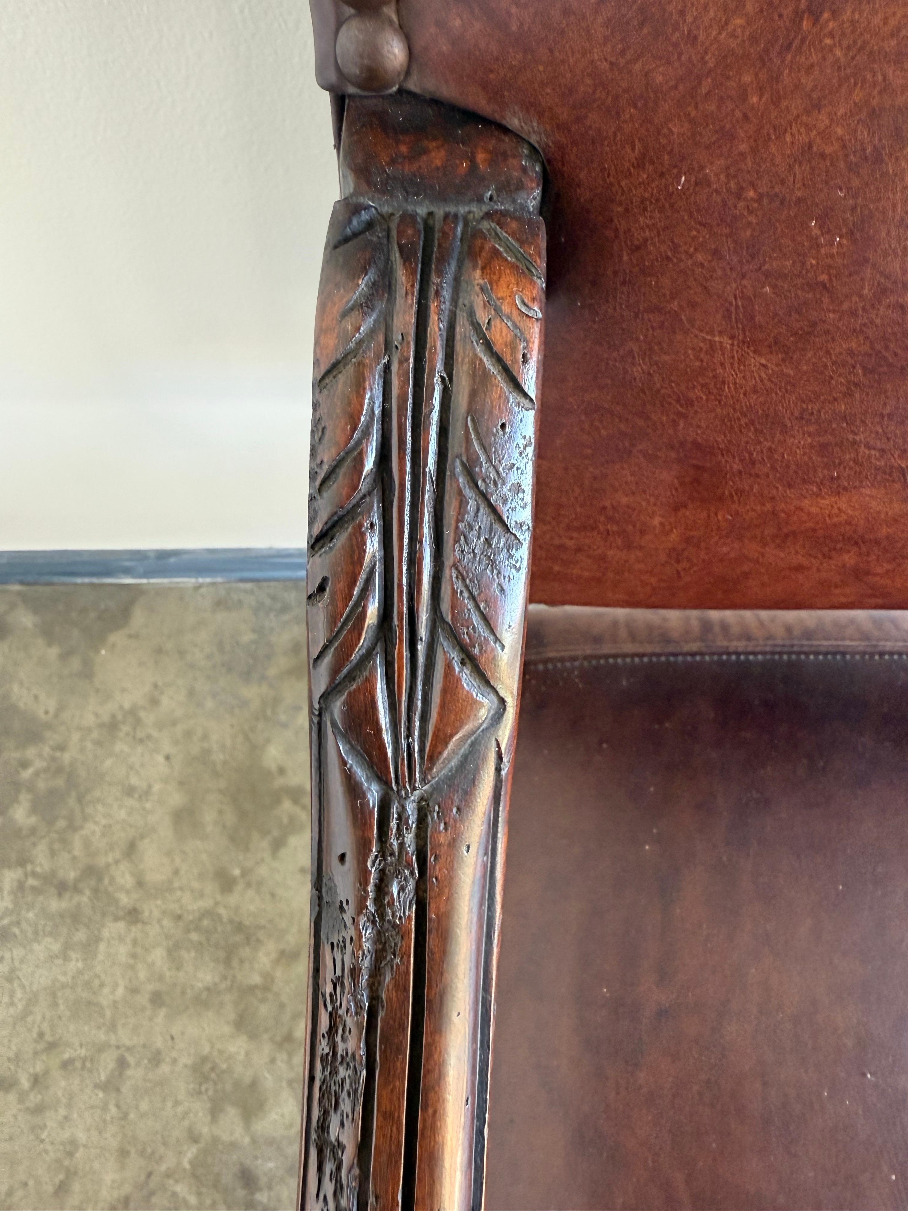 Set of Eight Spanish Revival Leather and Carved Walnut Dining Chairs For Sale 11