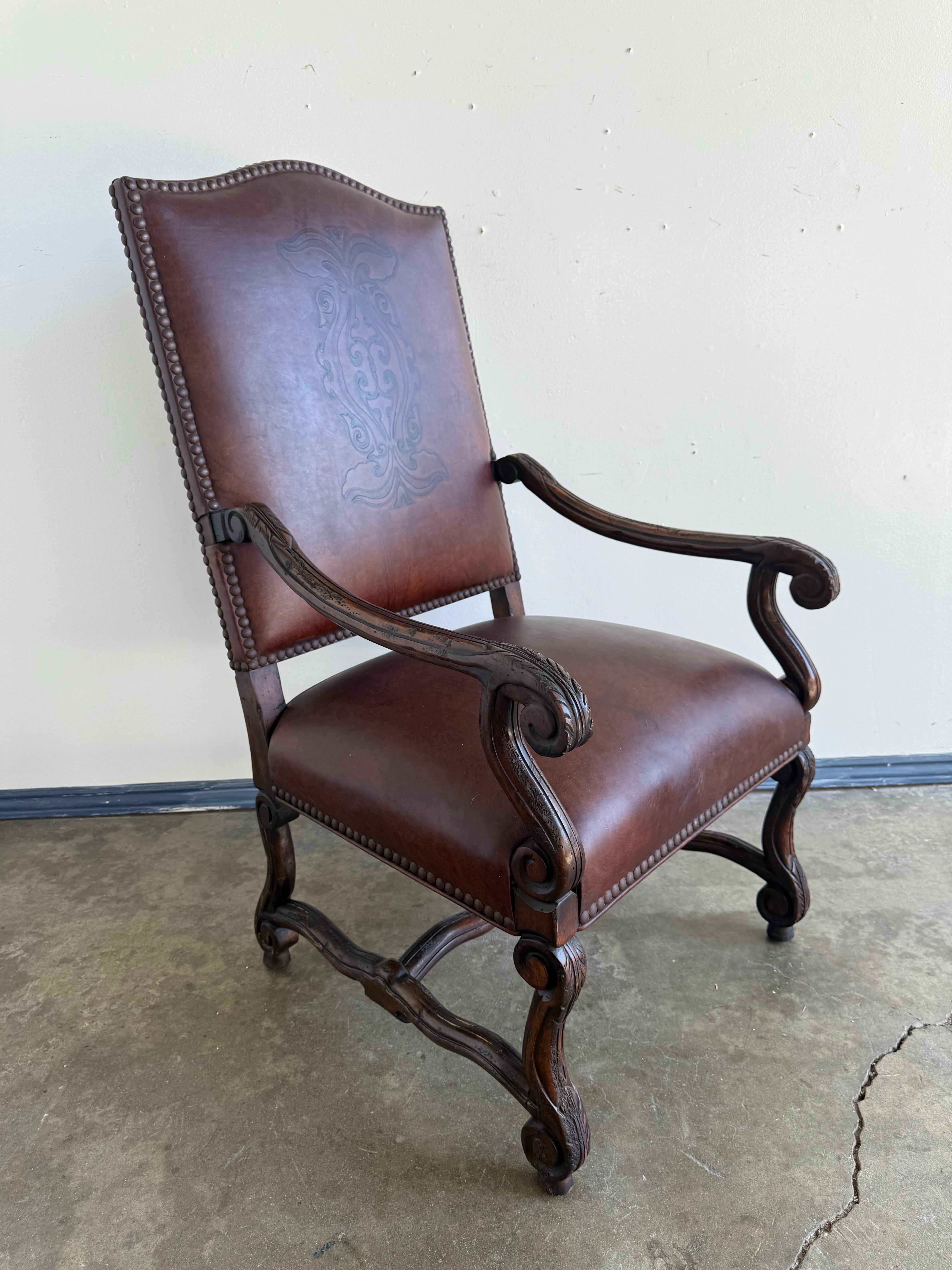 Set of Eight Spanish Revival Leather and Carved Walnut Dining Chairs For Sale 12