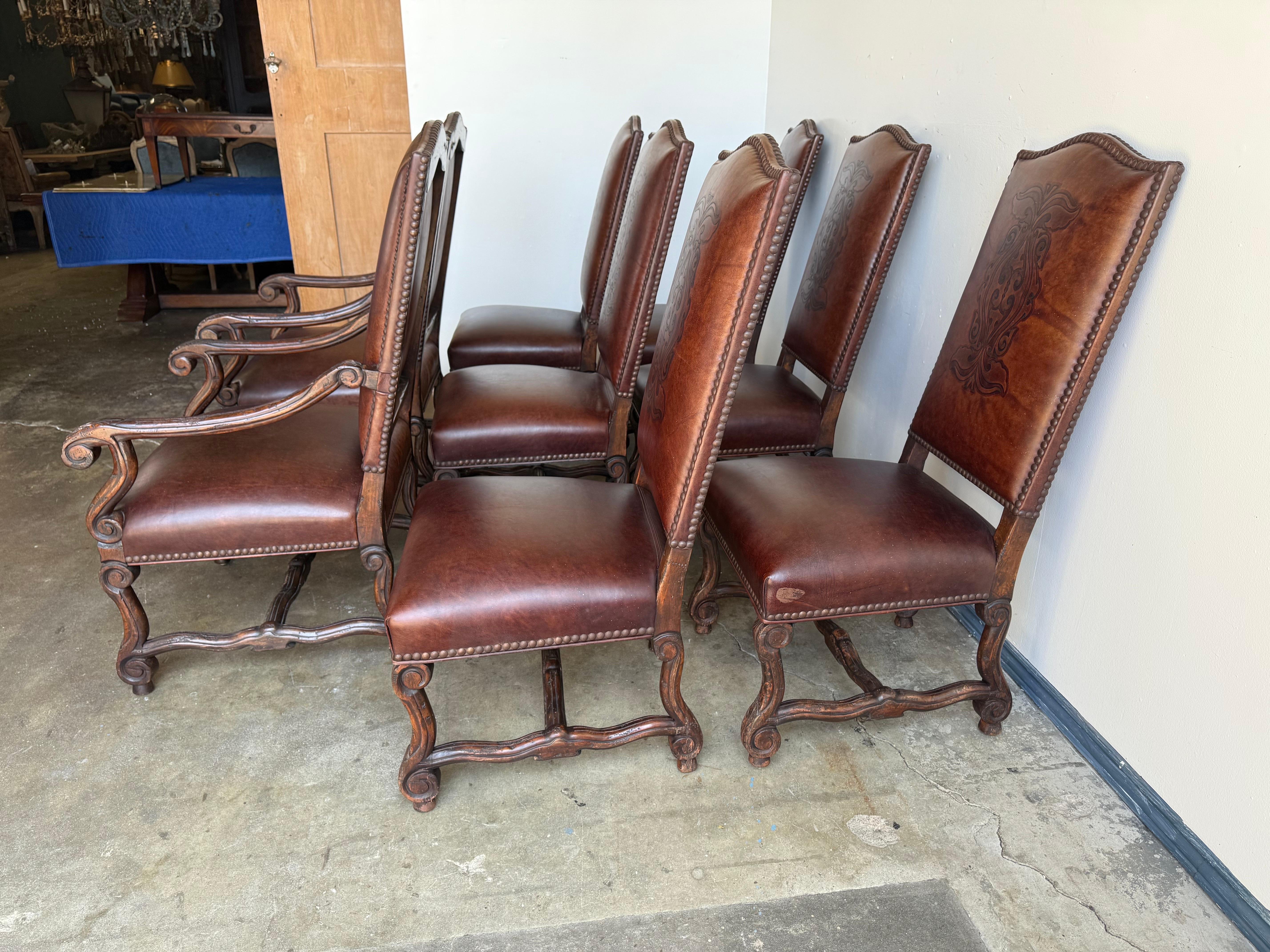 Set of Eight Spanish Revival Leather and Carved Walnut Dining Chairs In Good Condition For Sale In Los Angeles, CA