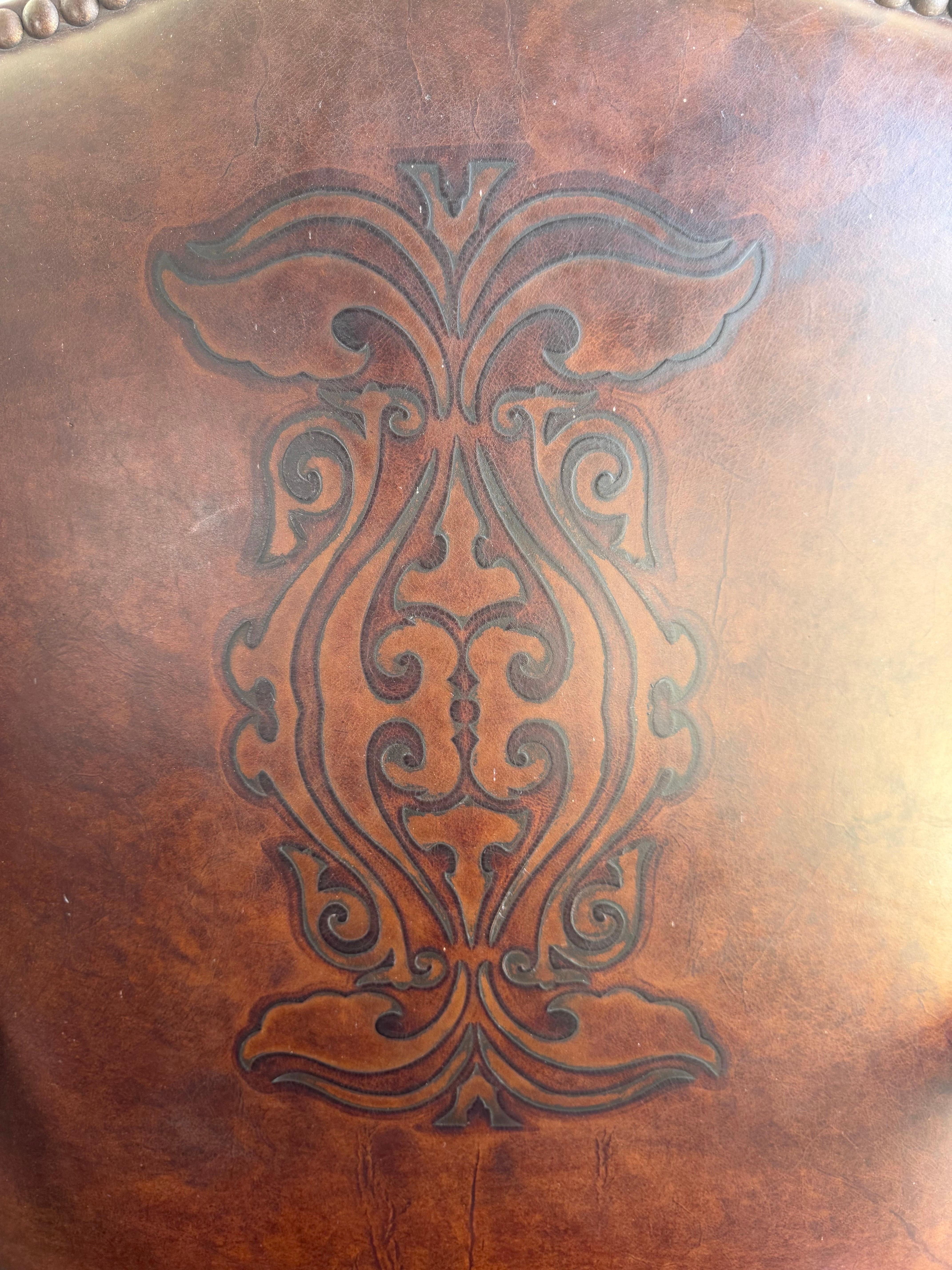20th Century Set of Eight Spanish Revival Leather and Carved Walnut Dining Chairs For Sale
