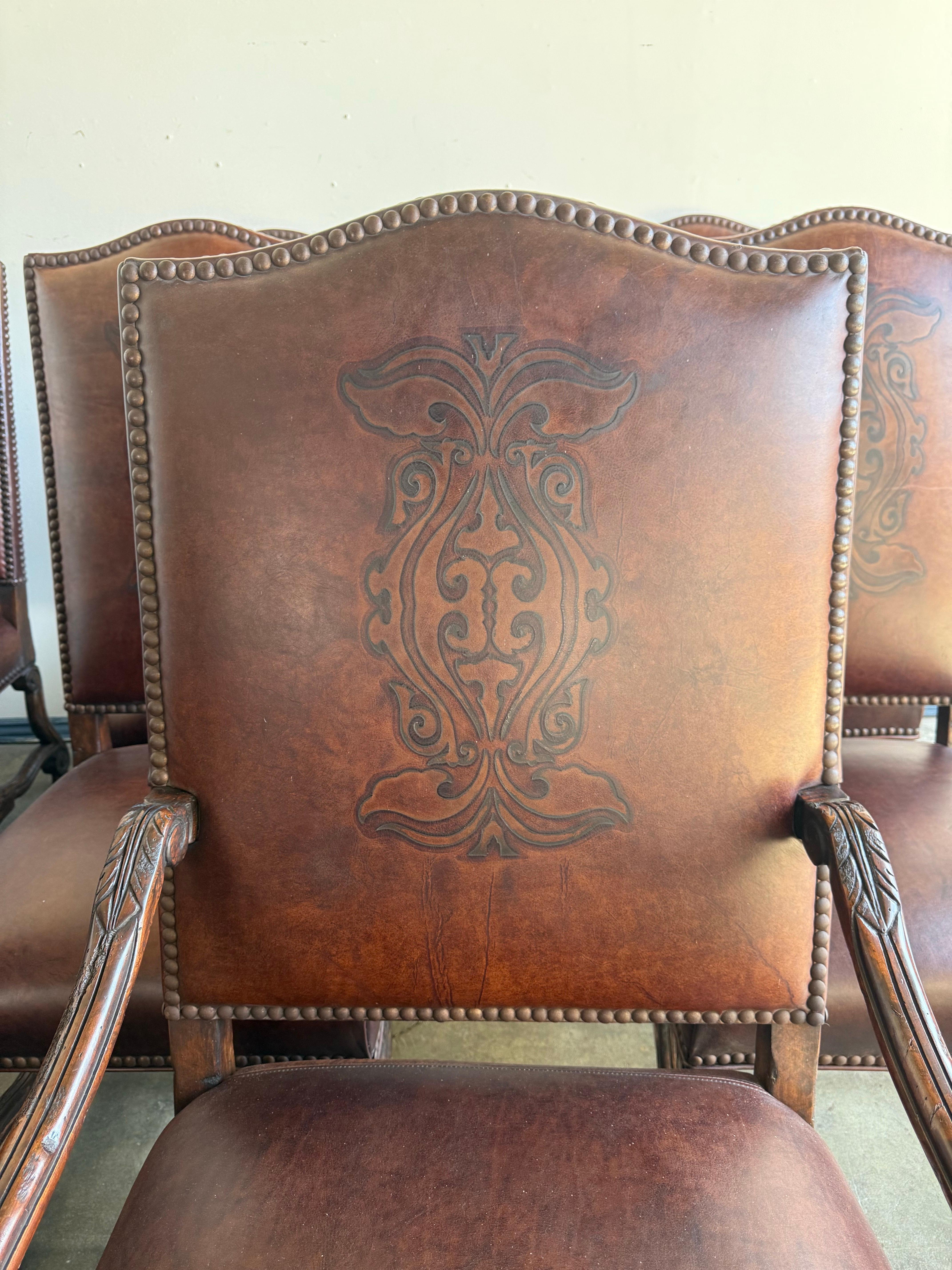 Set of Eight Spanish Revival Leather and Carved Walnut Dining Chairs For Sale 1