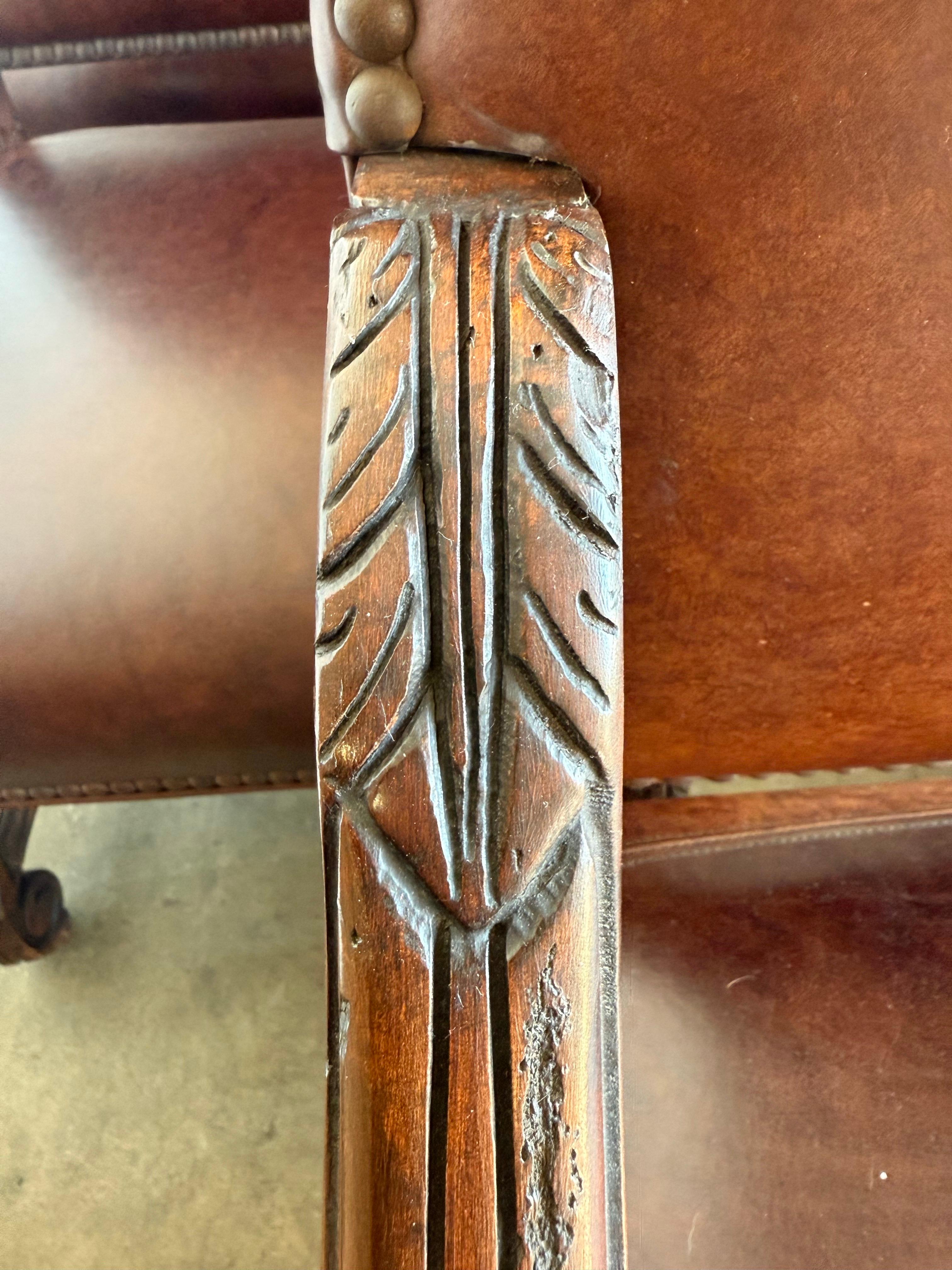 Set of Eight Spanish Revival Leather and Carved Walnut Dining Chairs For Sale 2